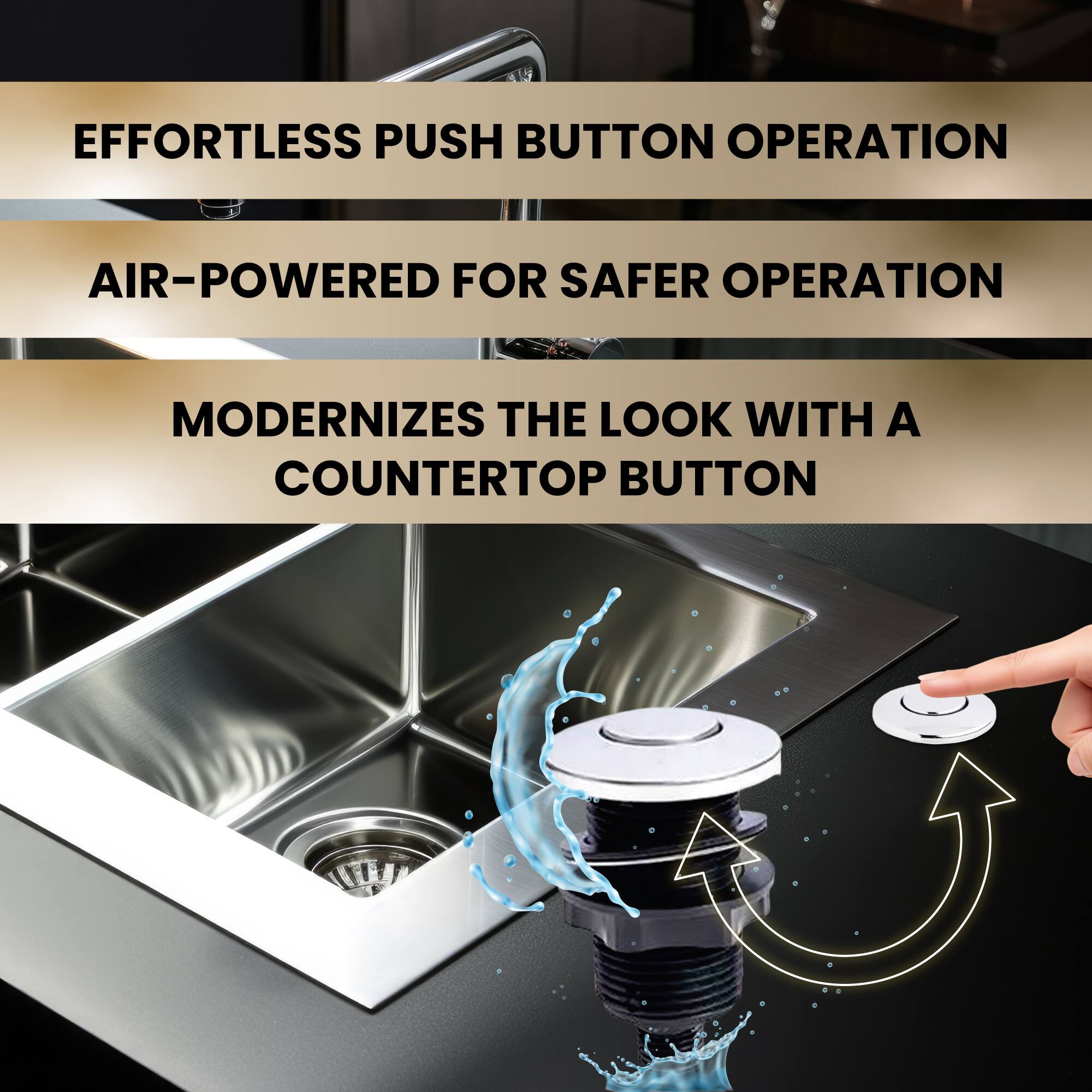 - Effortless Push Button Operation
- Air-Powered for Safer Operation
- Modernizes the Look with a Countertop Button
