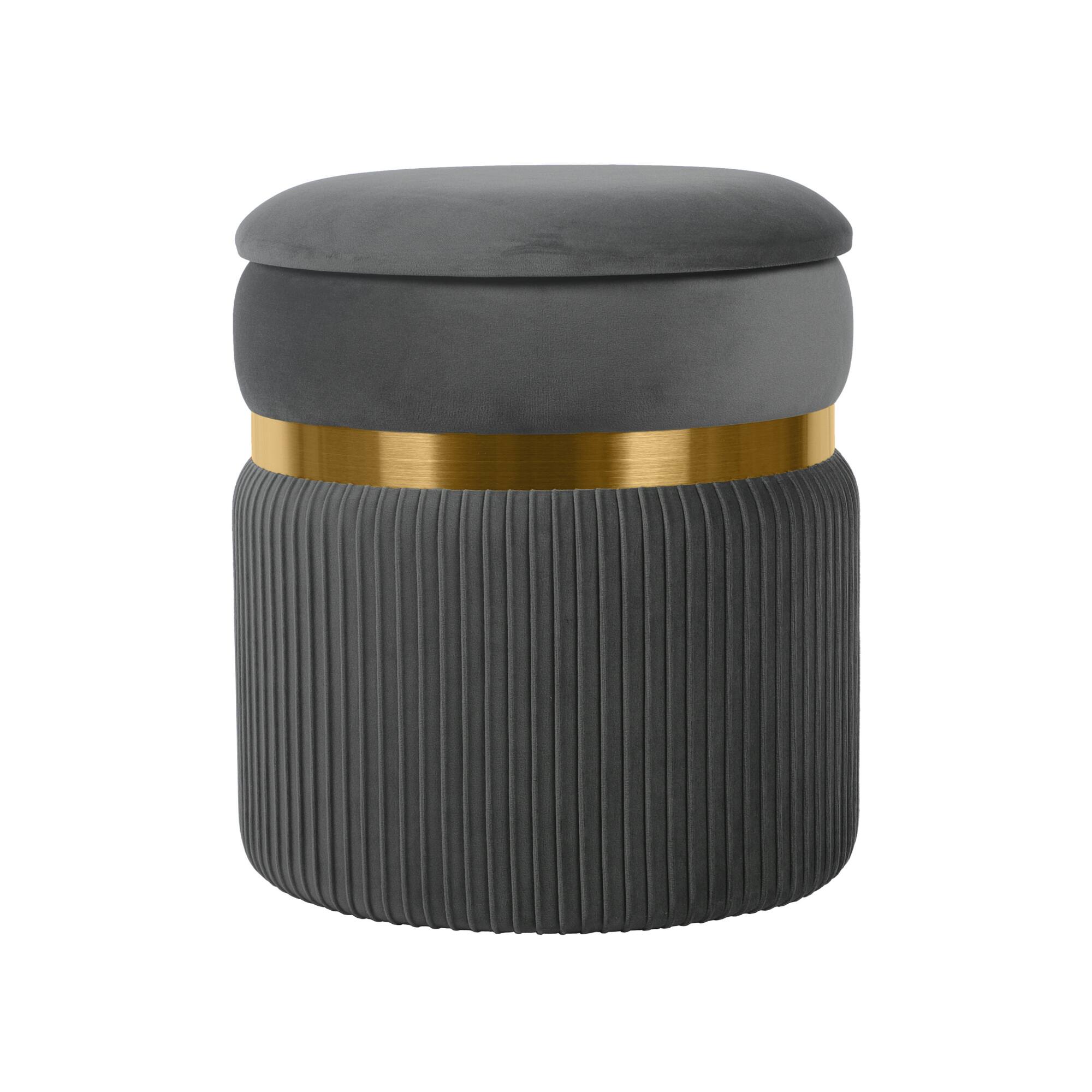 Angle. GOODSILO - Modern Velvet Round Storage Ottoman with Tufted Design for Living Room and Bedroom - Grey+Gold.