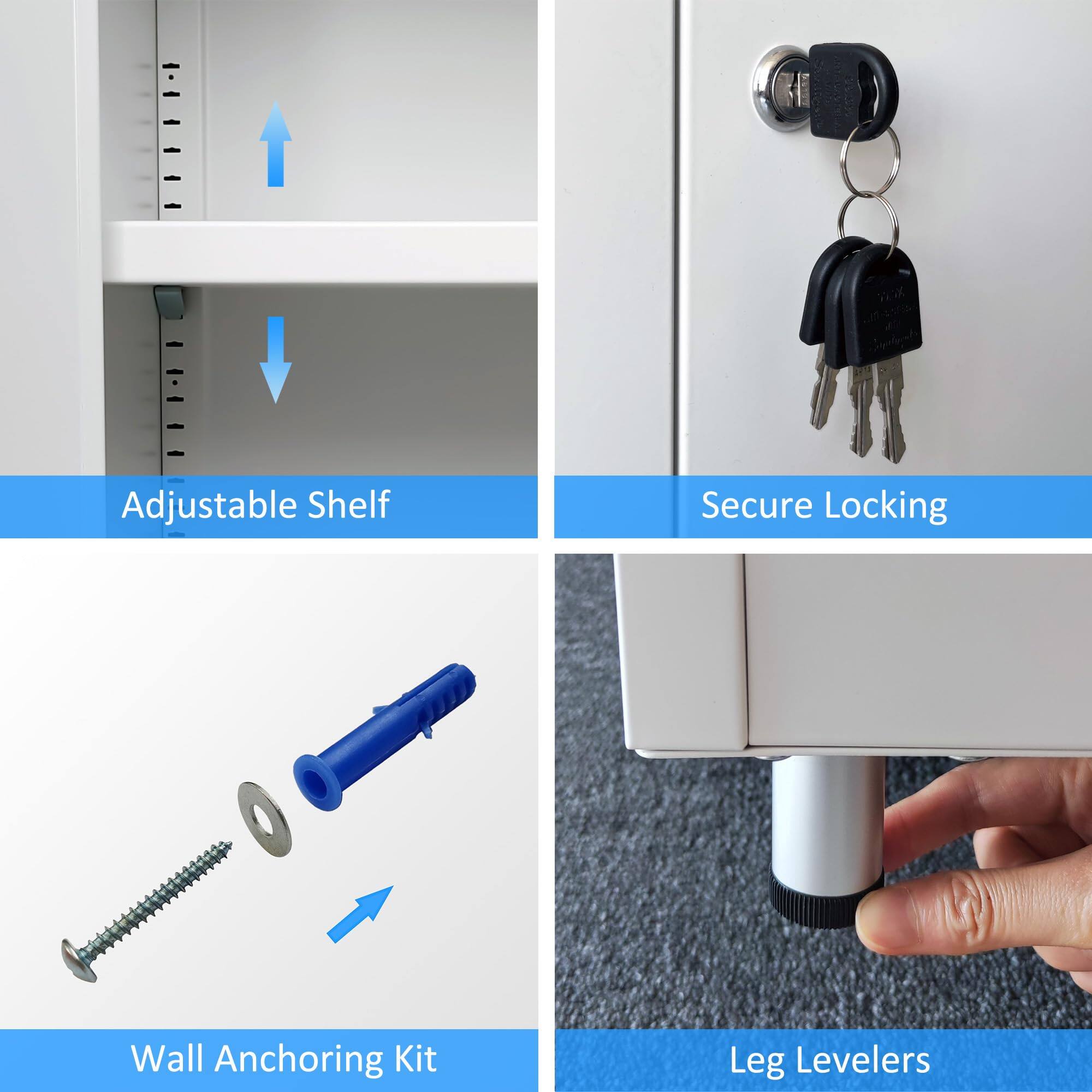 - Adjustable Shelf
- Secure Locking
- Wall Anchoring Kit
- Leg Levelers