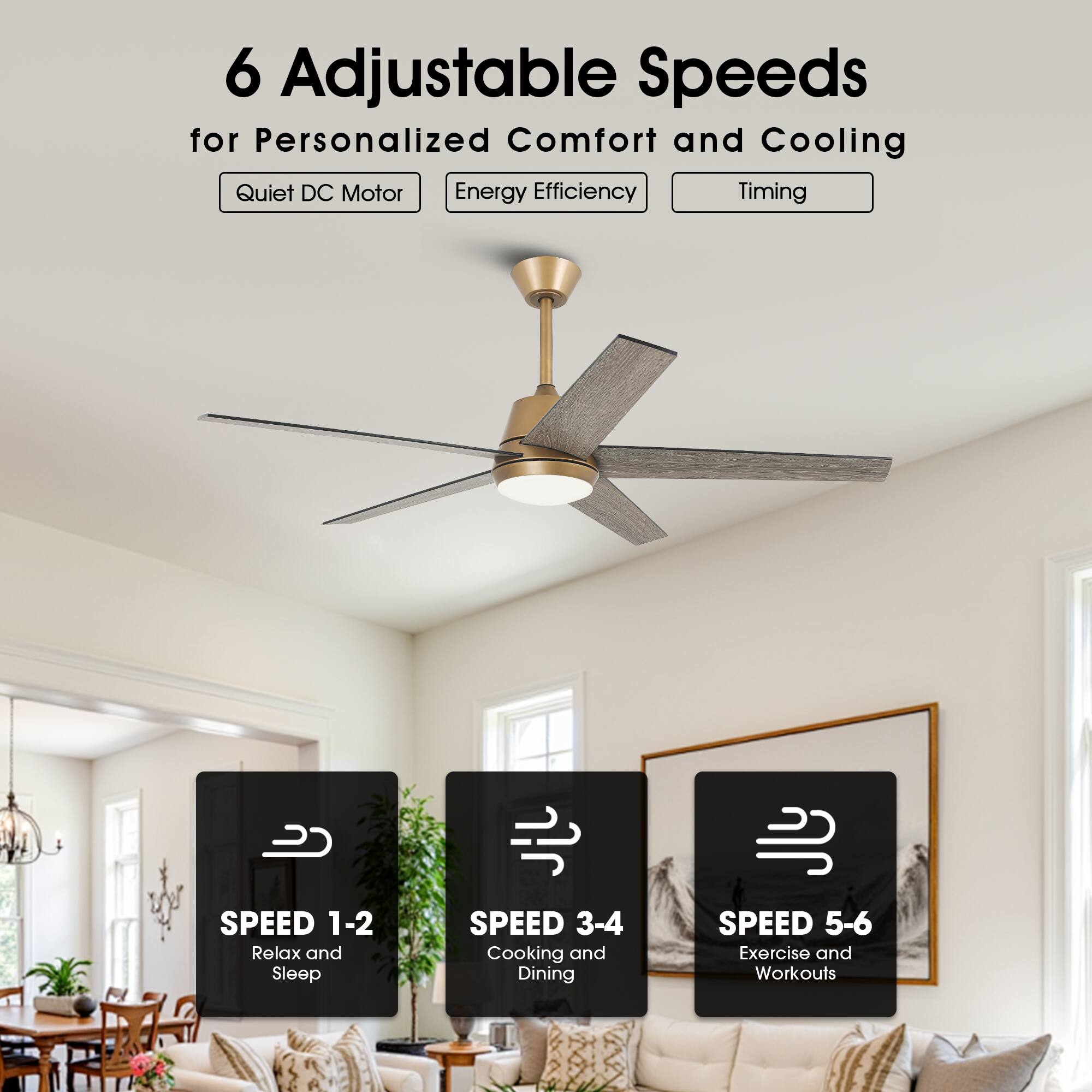 6 Adjustable Speeds for Personalized Comfort and Cooling  
Quiet DC Motor  
Energy Efficiency  
Timing  

SPEED 1-2  
Relax and Sleep  

SPEED 3-4  
Cooking and Dining  

SPEED 5-6  
Exercise and Workouts