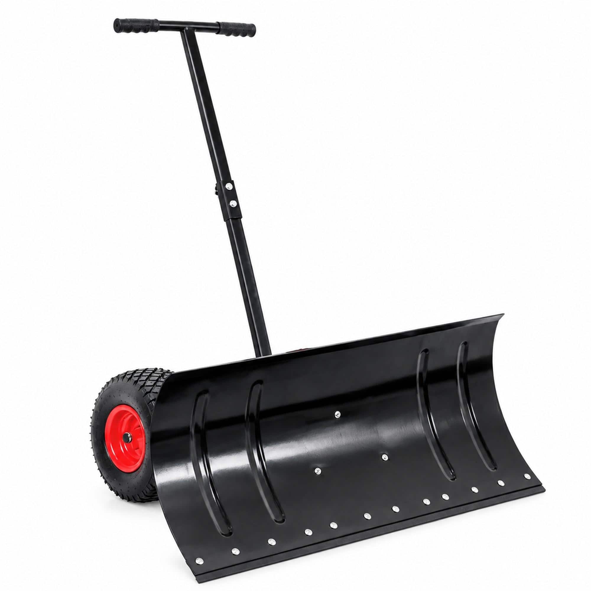 RYHNUYNE - 30 in Wheeled Snow Pusher, Metal Blade, Adjustable Handle, 10 in Rubber Wheels - Black