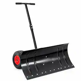 RYHNUYNE - 30 in Wheeled Snow Pusher, Metal Blade, Adjustable Handle, 10 in Rubber Wheels - Black