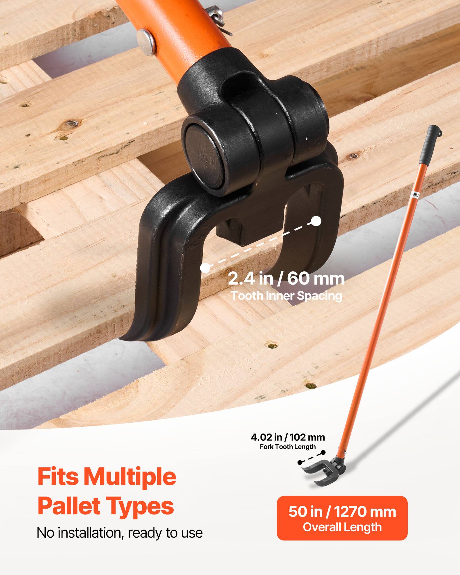 - BV 2.4 in / 60 mm Tooth Inner Spacing
- 4.02 in / 102 mm Fork Tooth Length
- Fits Multiple Pallet Types
- No installation, ready to use
- 50 in / 1270 mm Overall Length