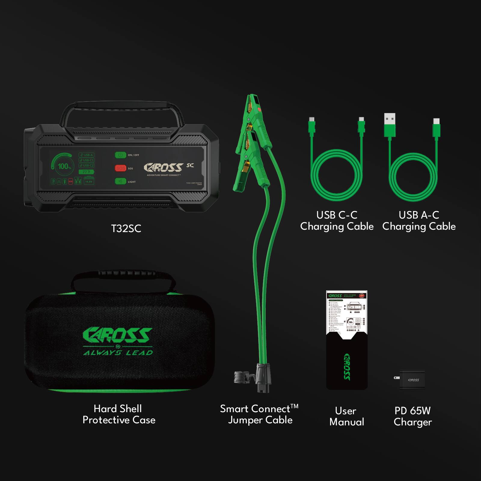 - T32SC
- USB C-C Charging Cable
- USB A-C Charging Cable
- Hard Shell Protective Case
- Smart Connect™ Jumper Cable
- User Manual
- PD 65W Charger