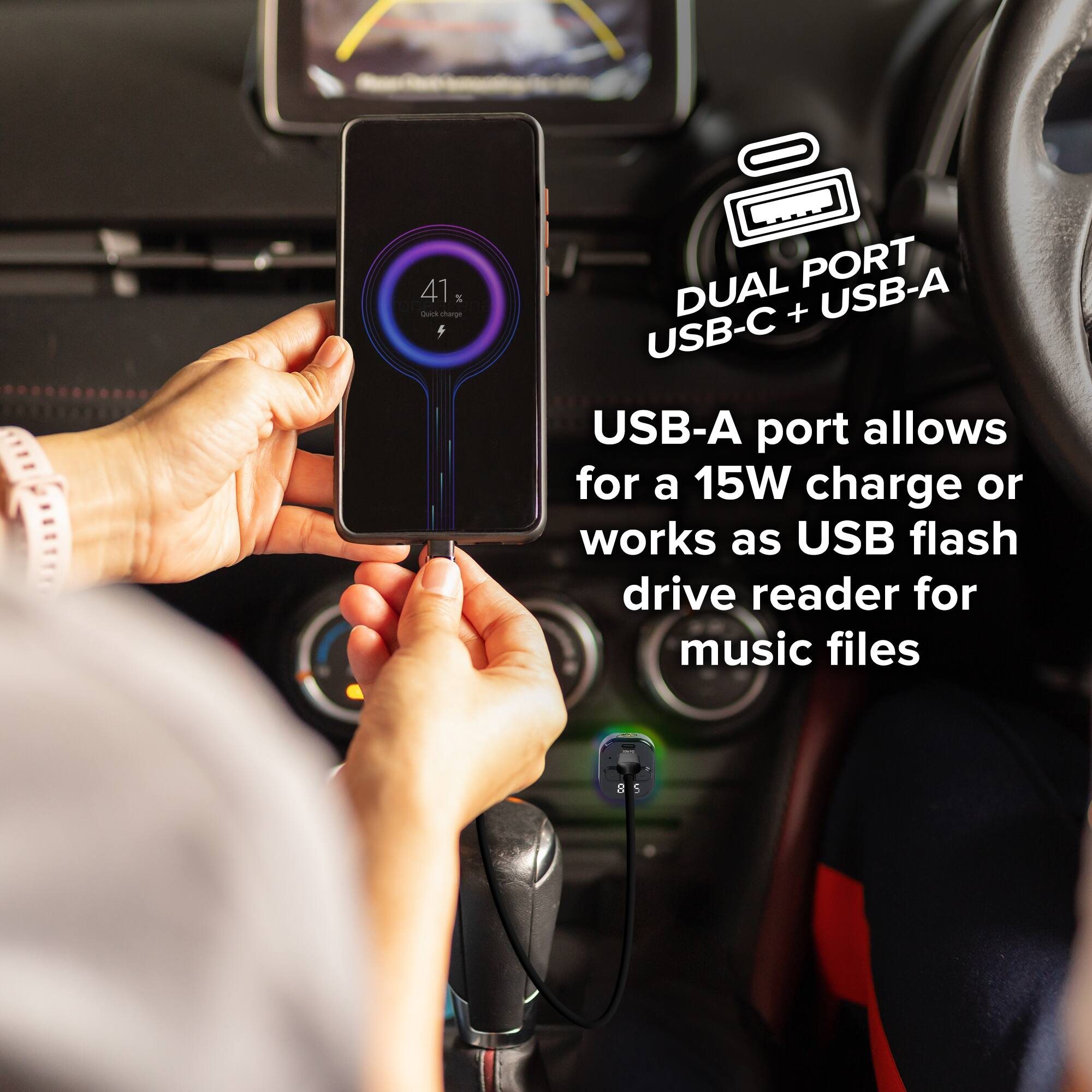 41% sharen PORT DUAL + USB-A USB-C USB-A port allows for a 15W charge or works as USB flash drive reader for music files