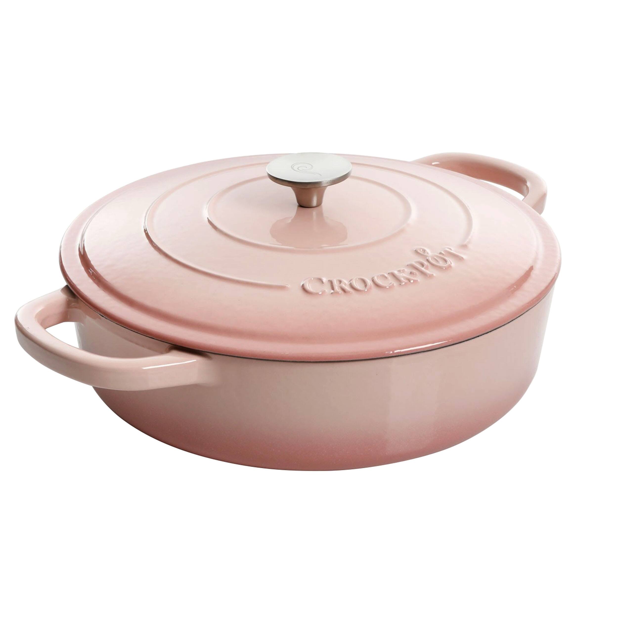 Front. Crock-Pot - Crock Pot Artisan 5 Quart Round Enameled Cast Iron Braiser Pan with Self Basting Lid in Blush Pink - Blush Pink.