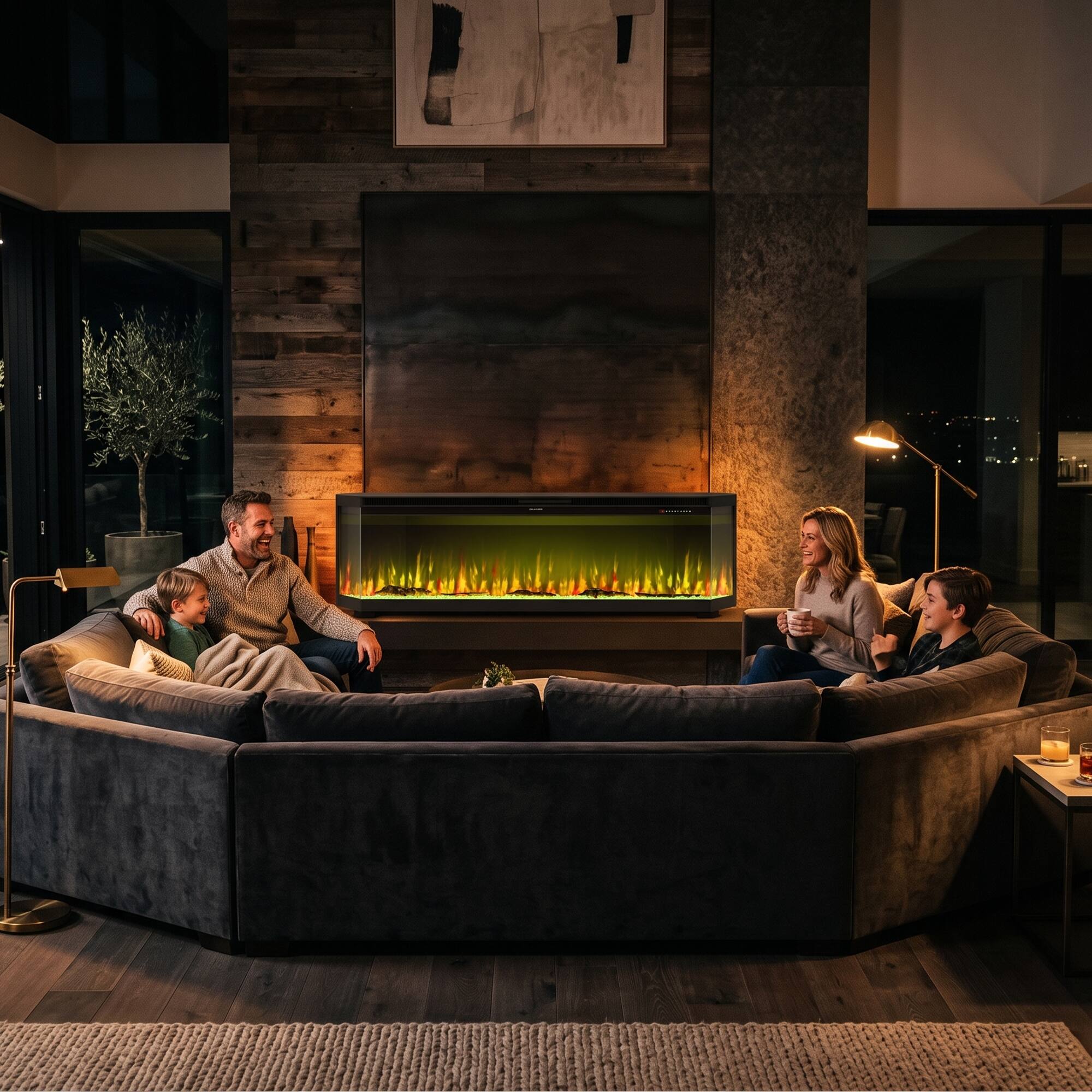 Back. Famapy - Smart Electric Fireplace with 3-Sided Glass, 16 Flame Colors, Stereo Speakers and 1500W Heater.