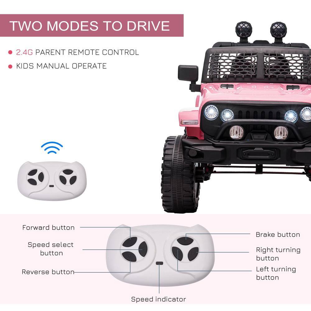 TWO MODES TO DRIVE

- 2.4G PARENT REMOTE CONTROL
- KIDS MANUAL OPERATE

Forward button
Speed select button
Reverse button
Brake button
Right turning button
Left turning button
Speed indicator