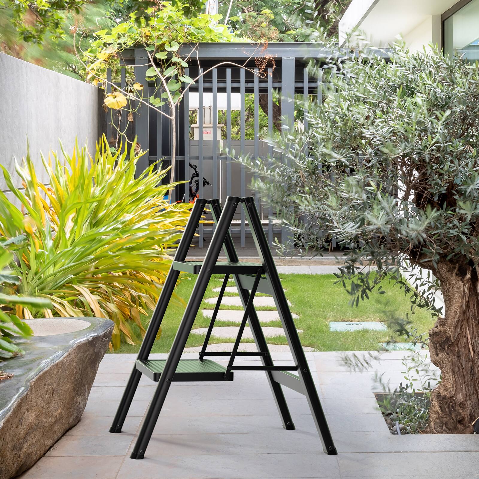 Left. Topteng - 2-Step Foldable Ladder with Tray - Aluminum, Lightweight, 330lb Capacity, Wide Anti-Slip Pedals for Home & Car Wash - Black.