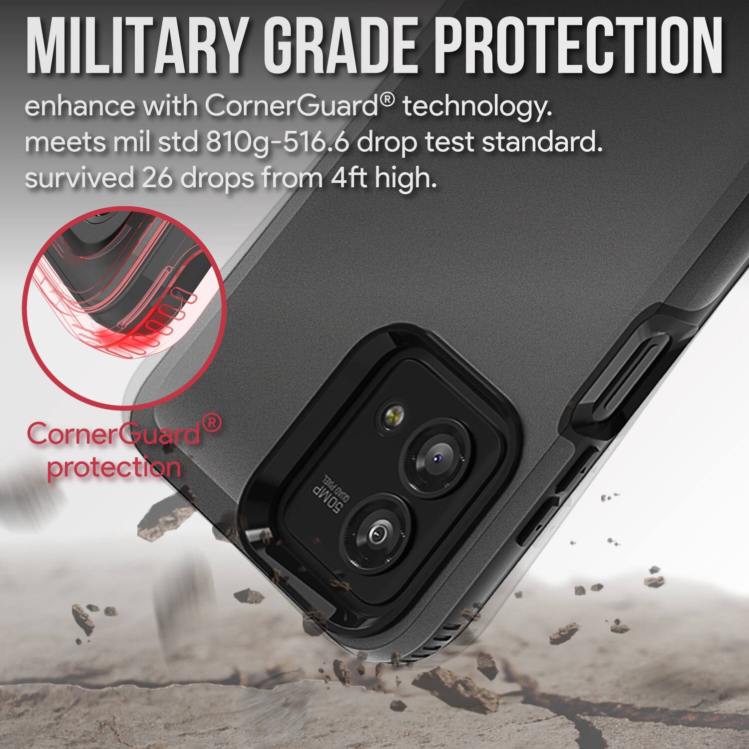 MILITARY GRADE PROTECTION enhance with CornerGuard® technology. meets mil std 810g-516.6 drop test standard. survived 26 drops from 4ft high. CornerGuard® protection 50MP QUAD POE