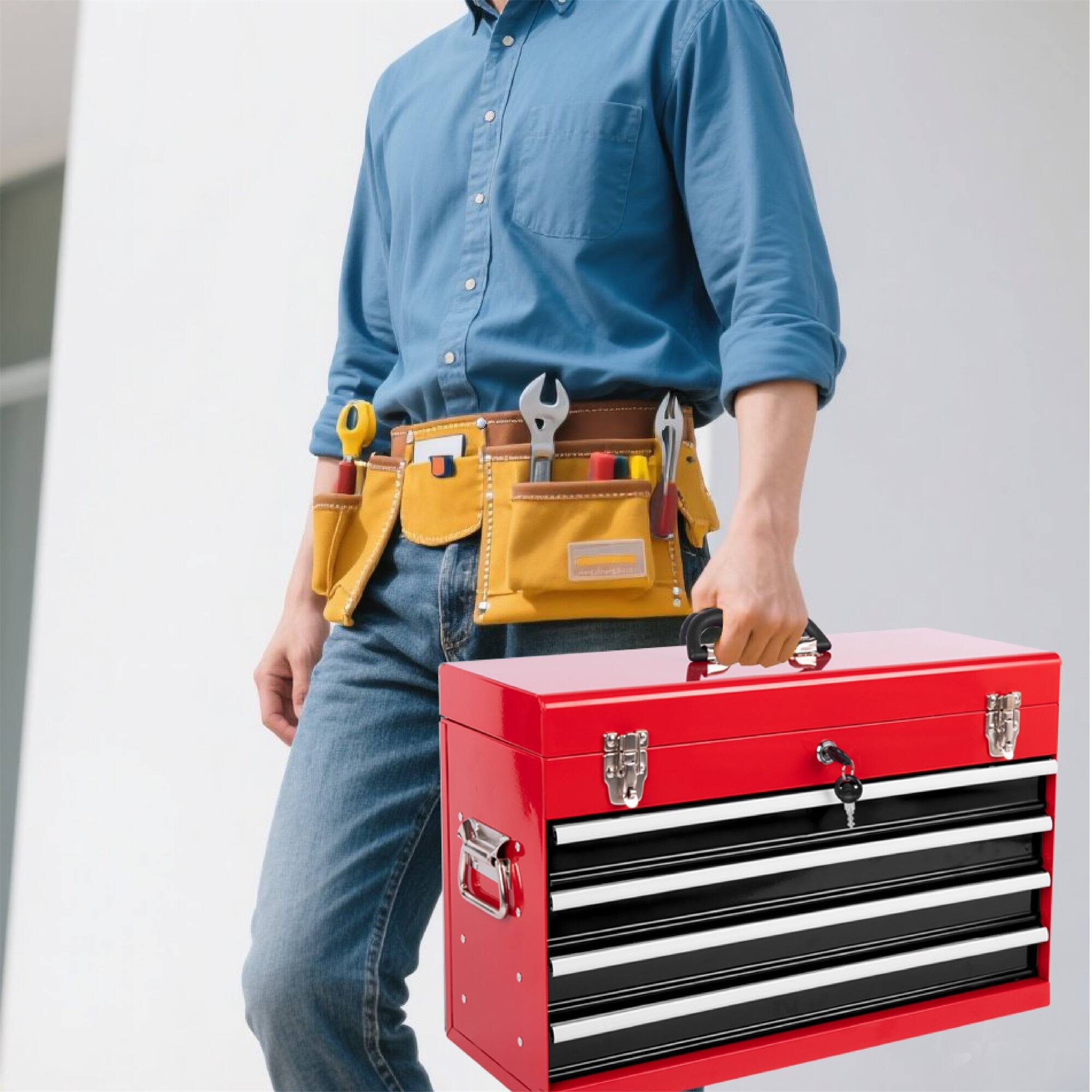 Alt View 6. Boyel Living - Red Heavy Duty Metal Tool Box, 21-inch, Portable Metal Tool Box with 4 Drawers.