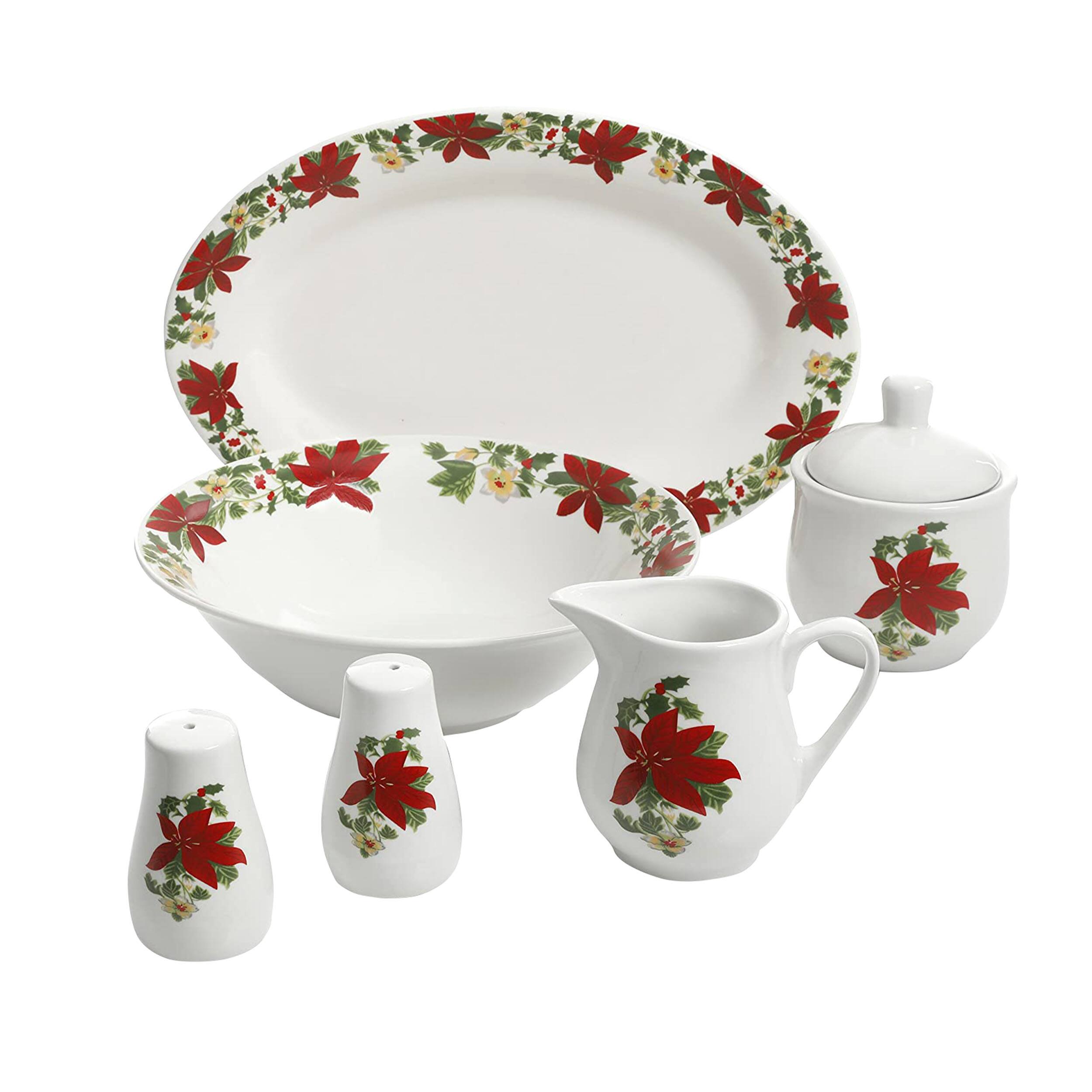Front. Gibson - Perfect for Holidays Poinsettia 7 Piece Porcelain Serving Set in Red - Red.