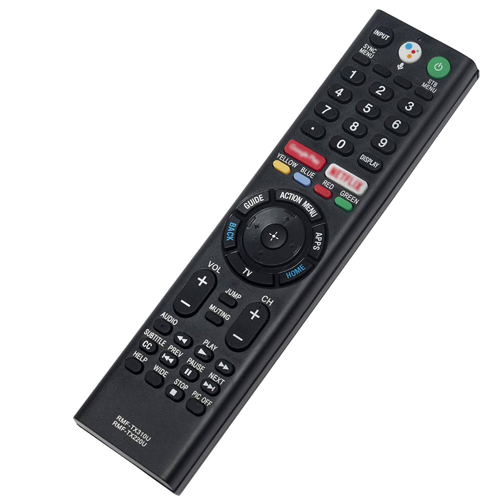 INPUT MENU SYNC & 1 MENU STB 4 2 7 5 3 8 6 0 9 YELLOW DISPLAY BLUE NETFLIX RED GUIDE ACTION GREEN MENU BACK APPS VOL TV HOME + JUMP CH - AUDIO MUTING + SUBTITLE - CC PLAY HELP |4 PREV WIDE " PAUSE STOP D NEXT PIC OFF RMF- RMF-TX220U TX310U