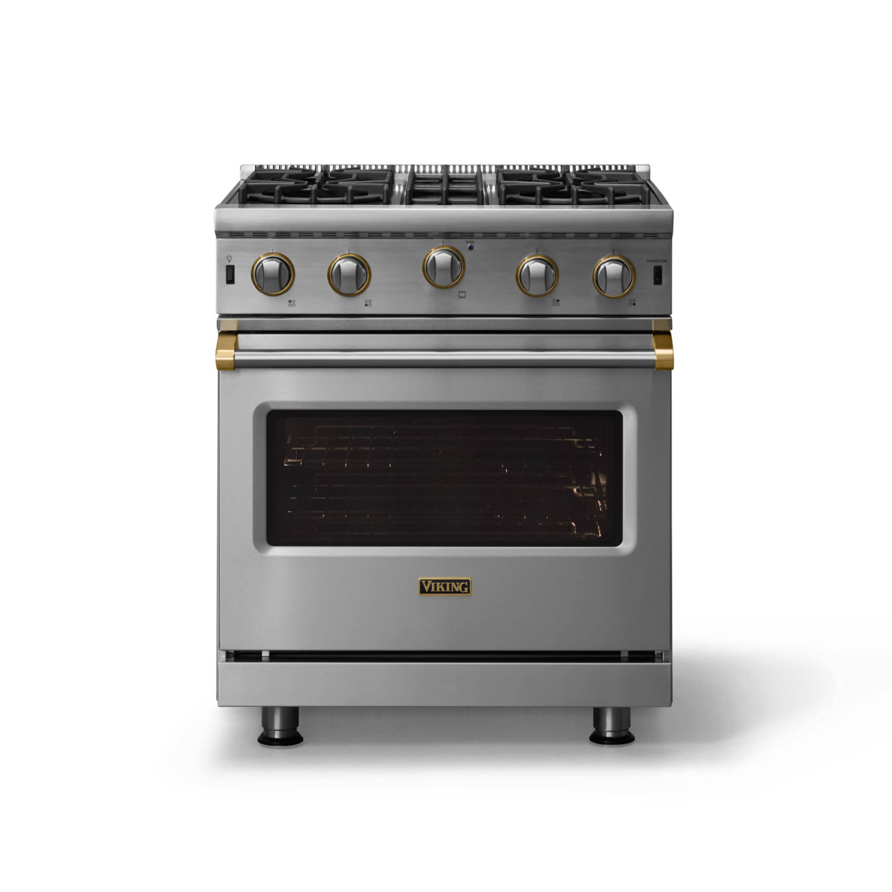 Alt View 1. Viking - 30"W. 4.0 Cu. Ft. Freestanding Self-Clean Open Burner Gas Convection Range - Stainless Steel w. Brushed Brass Trim - Stainless steel.