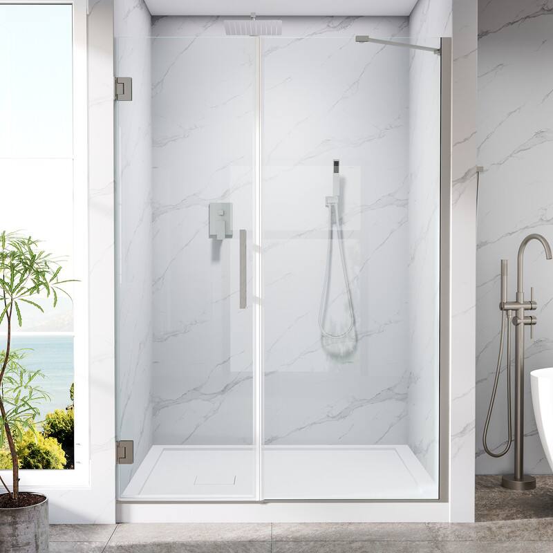 Front. WELLFOR - 51–52 in. W x 72 in. H Frameless Hinged Shower Door with 3/8" Clear Tempered Glass, Reversible Opening - Brushed Nickel.