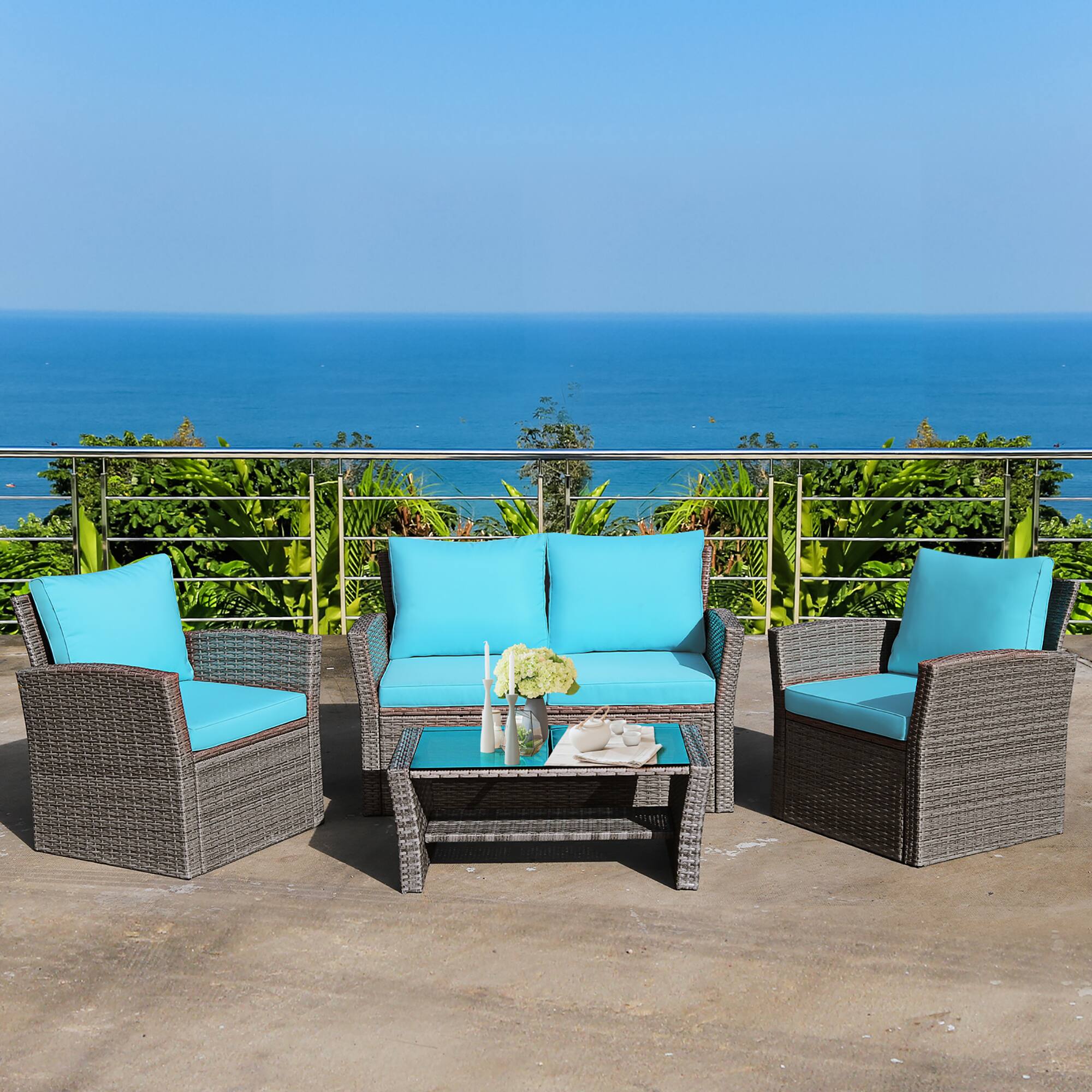 Alt View 1. Costway - Costway 4PCS Patio Rattan Furniture Set Sofa Table W/Storage Shelf - Turquoise.
