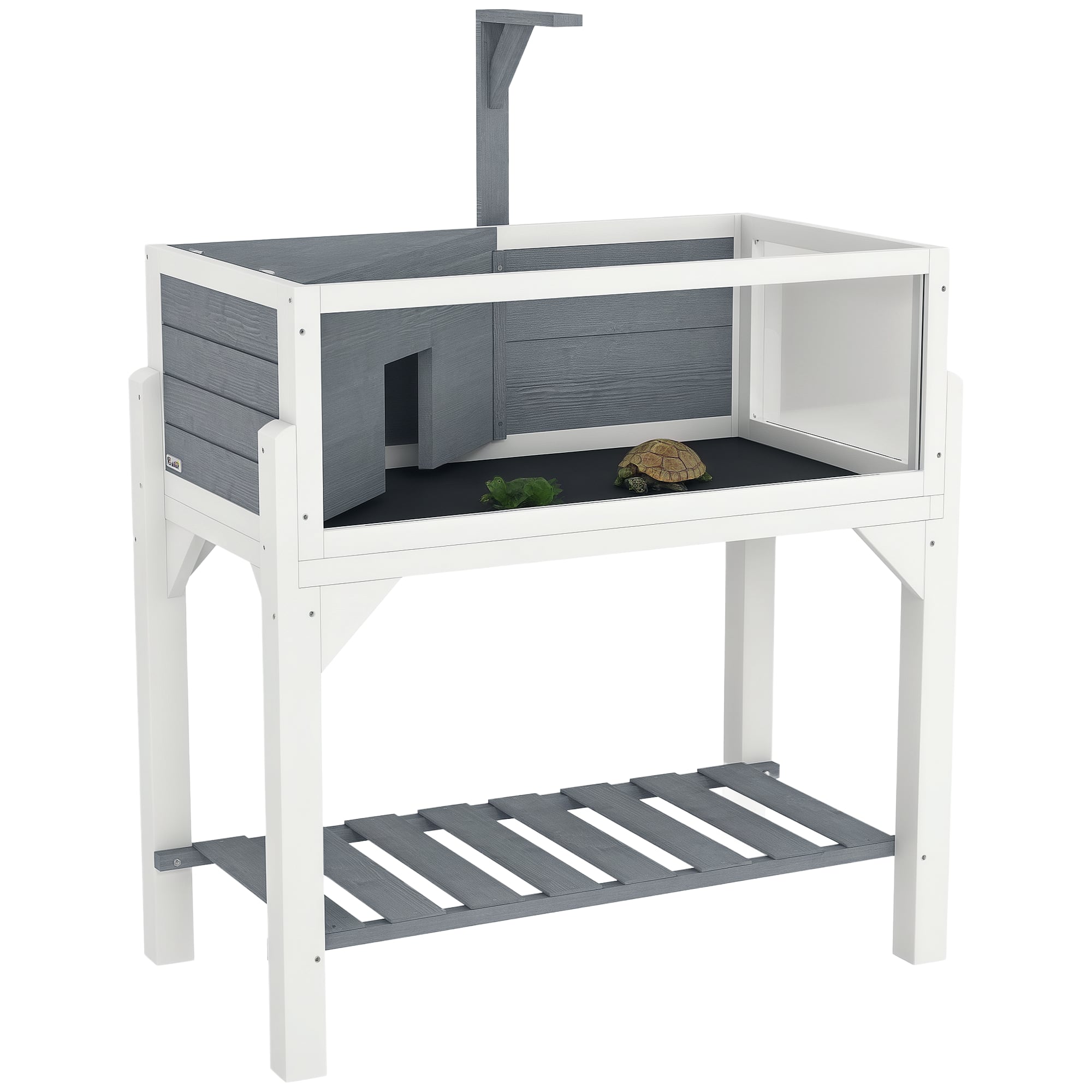 Pawhut - Tortoise Habitat with Storage Shelf, Wooden Enclosure, Clear Windows, Lamp Holder, Openable Top, Built-in Tray