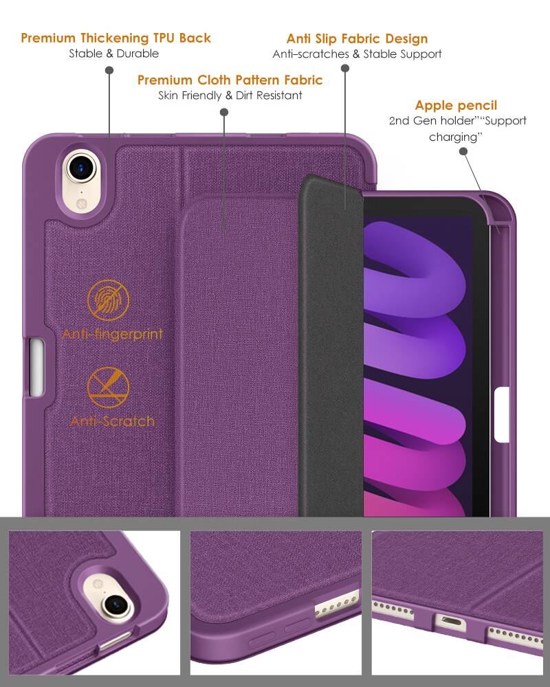 Premium Thickening TPU Back  
Stable & Durable  

Premium Cloth Pattern Fabric  
Skin Friendly & Dirt Resistant  

Anti Slip Fabric Design  
Anti-scratches & Stable Support  

Apple pencil  
2nd Gen holder"Support charging"  

Anti-fingerprint  
Anti-Scratch