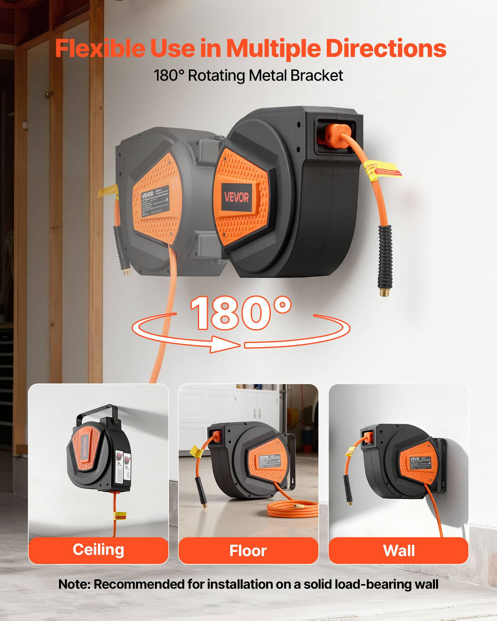 Flexible Use in Multiple Directions  
180° Rotating Metal Bracket  

NEVOR VEVOR  

- Ceiling  
- Floor  
- Wall  

Note: Recommended for installation on a solid load-bearing wall