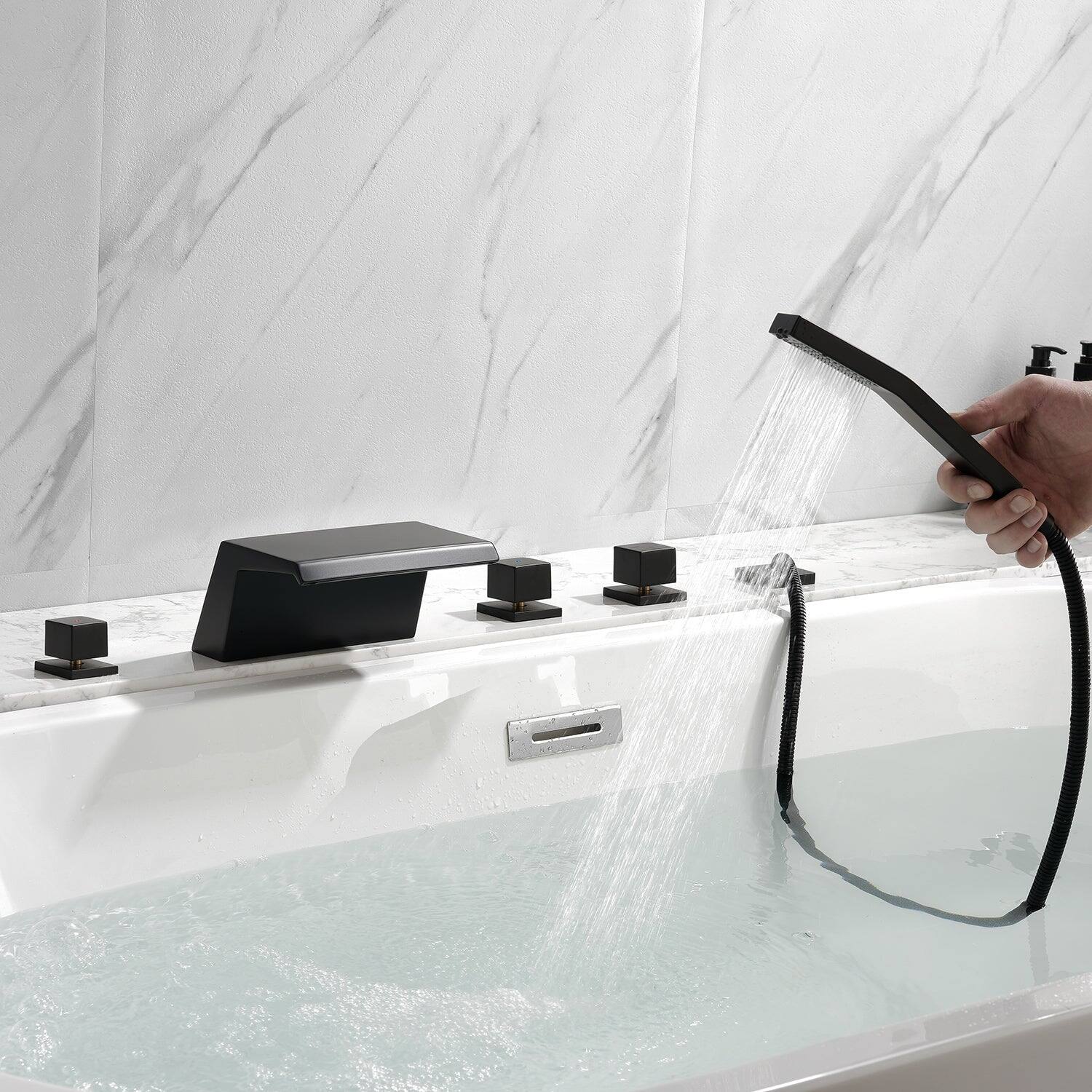 Alt View 8. Boyel Living - Black Polygonal Cold and Hot Water Bathtub Faucet with Handheld Shower Waterfall Outlet Five Hole Installation - Matte Black.