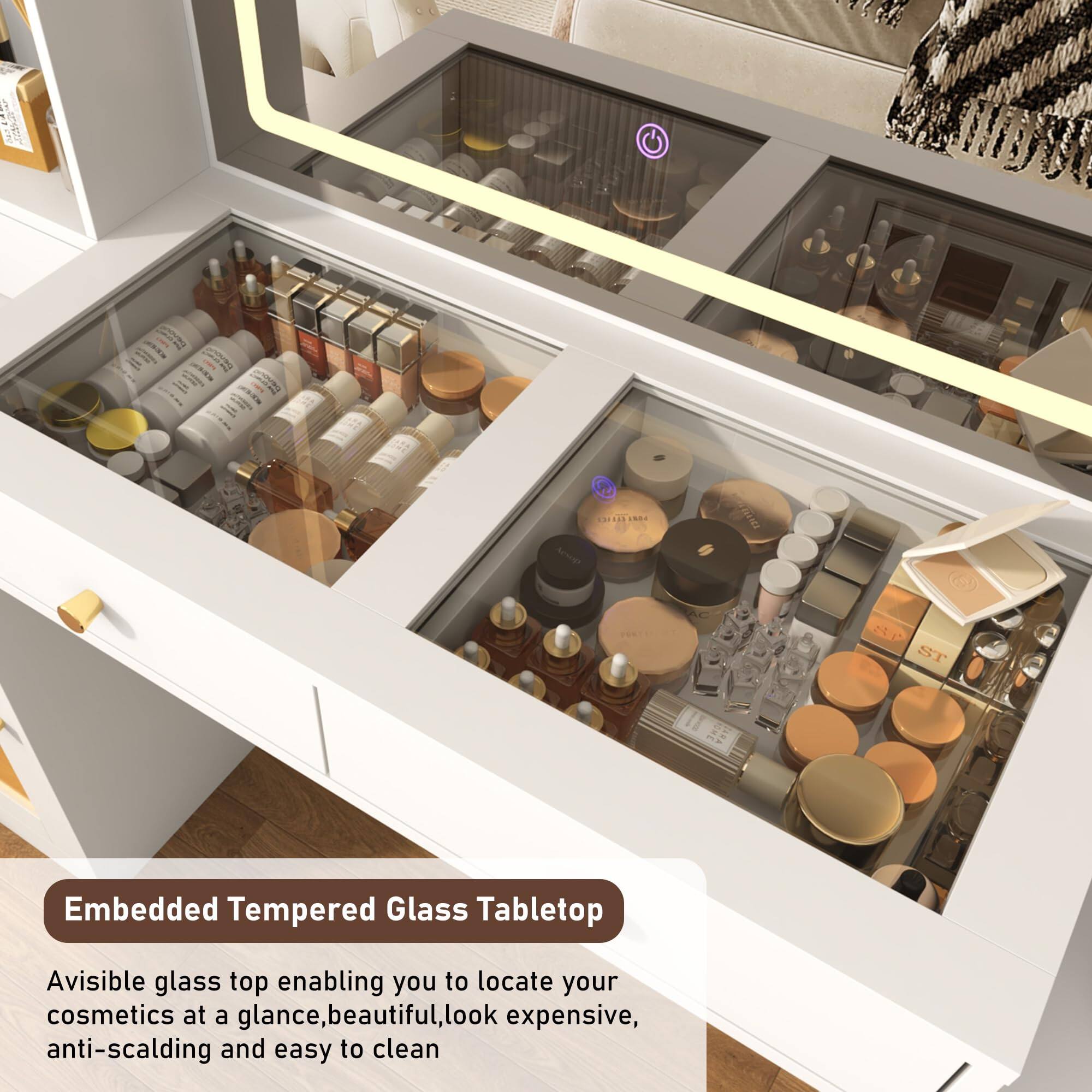 Embedded Tempered Glass Tabletop

A visible glass top enabling you to locate your cosmetics at a glance, beautiful, look expensive, anti-scalding and easy to clean