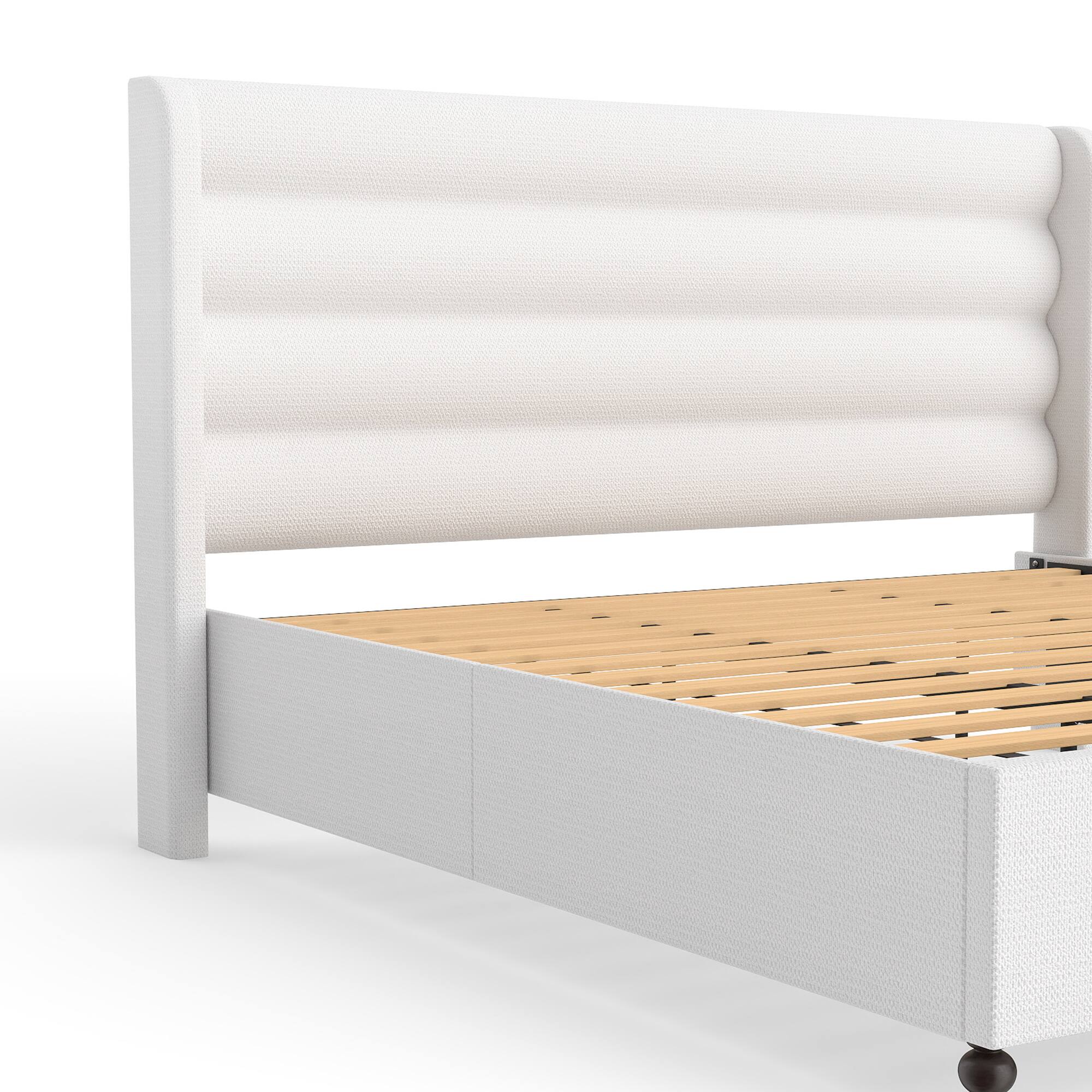 Alt View 3. Brick Attic - Solid Wood Slat Bed with Gourd-Shaped Legs,Minimalist Striped Headboard, Elevated Base for Airflow, No Box Spring Needed - White.