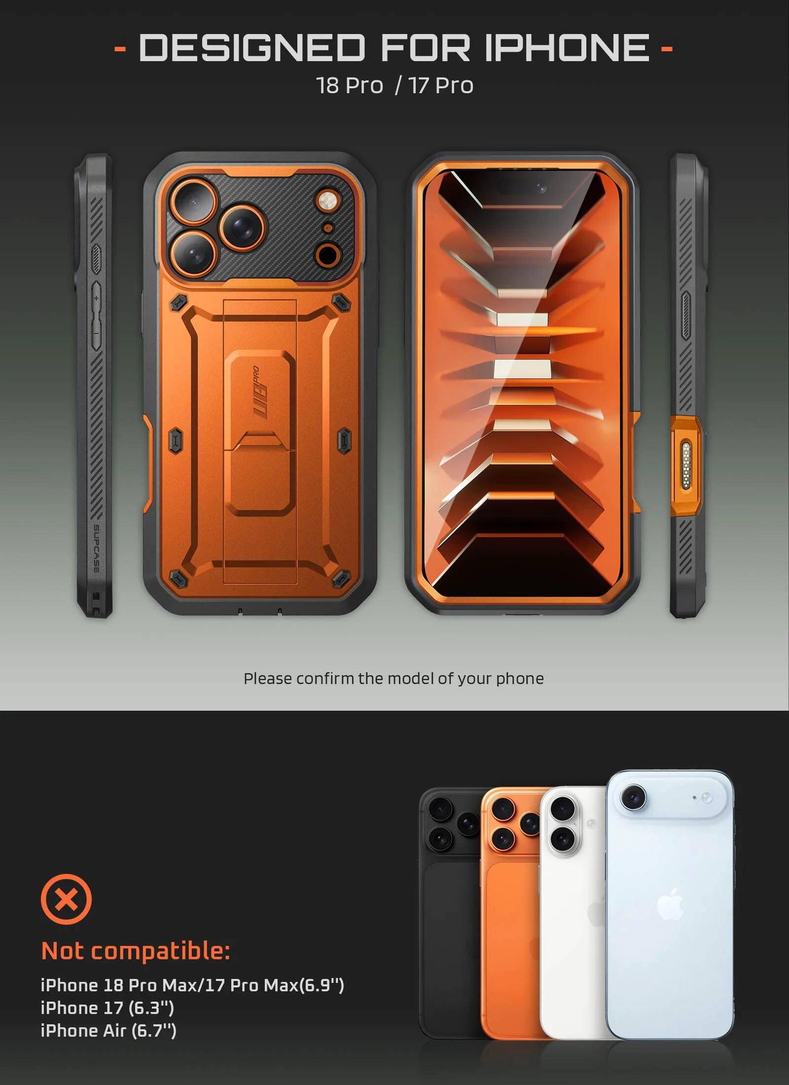 - DESIGNED FOR IPHONE 18 Pro / 17 Pro
- Please confirm the model of your phone
- Not compatible: iPhone 18 Pro Max/17 Pro Max(6.9") iPhone 17 (6.3") iPhone Air (6.7")