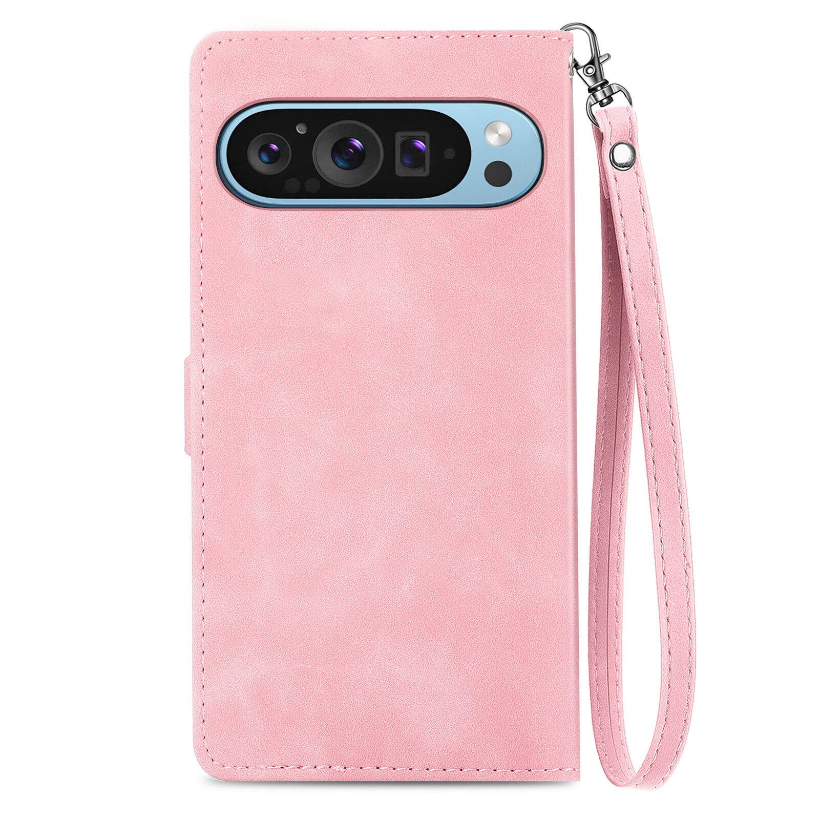 Angle. Dteck - for Google Pixel 10 Pro XL/9 Pro XL Wallet Case,Shockproof PU Leather Card Holder Cover with Zipper Pocket & Wrist Strap - Pink.