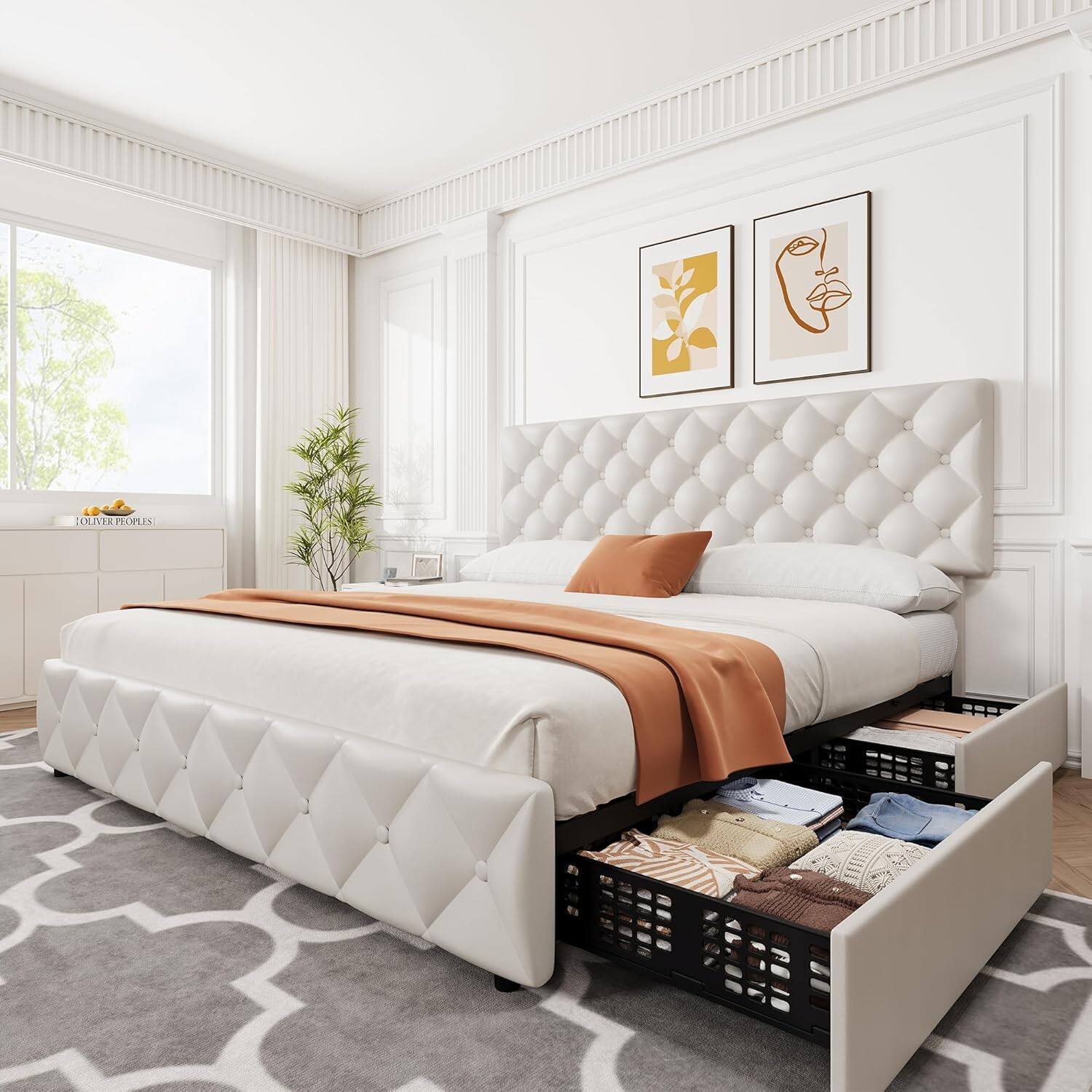Front. Homhougo - King Size Upholstered Bed Frame with 4 Storage Drawers, Adjustable Headboard, Faux Leather, Diamond Tufted, Platform - White.