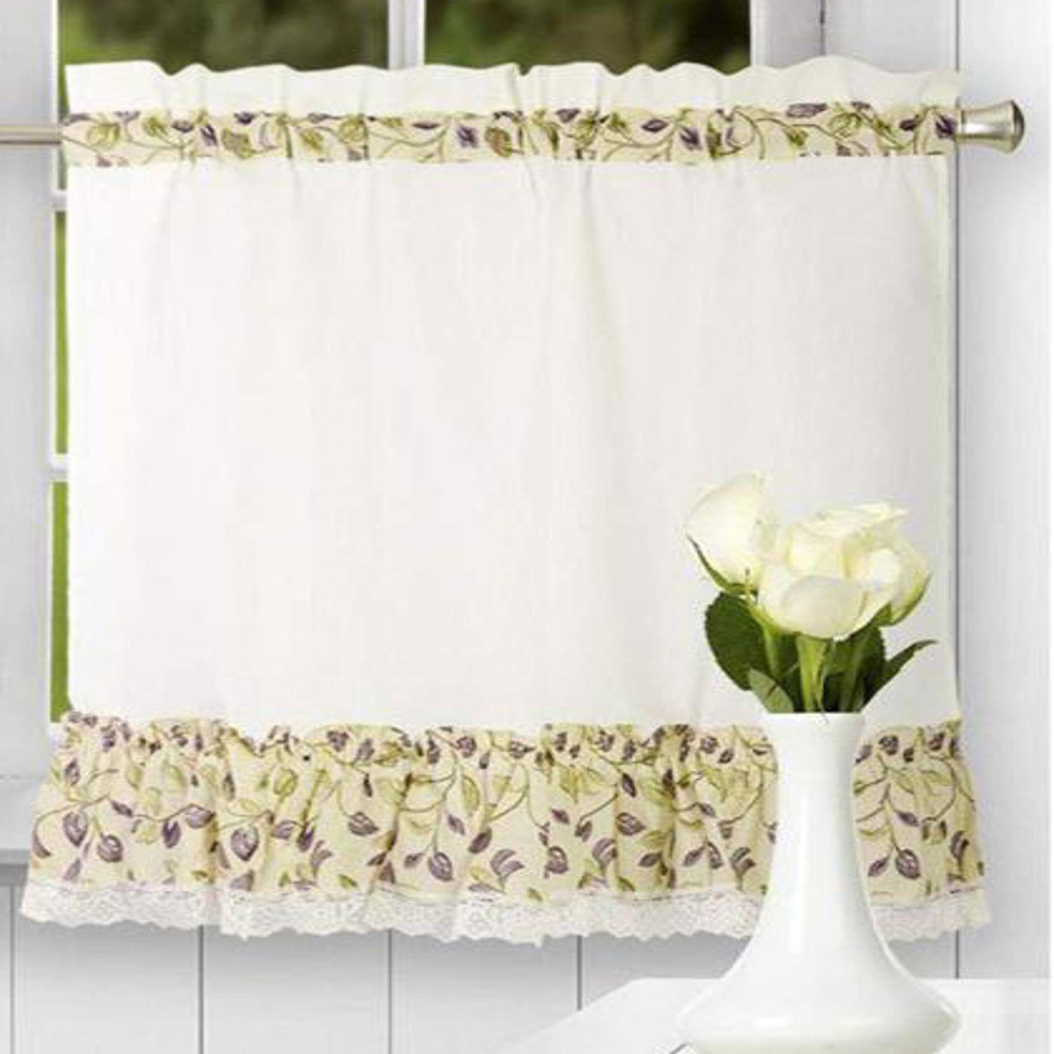 Angle. Ellis Curtain - Ellis Curtain Clarice High Quality 2-Piece Leafy Branch Patterned Ruffled Tier Pair Window Curtains - 58 x30" Violet - Violet.