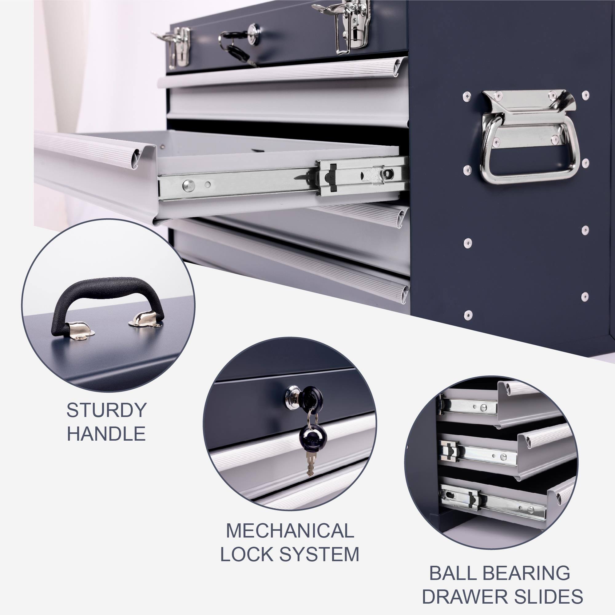 STURDY HANDLE  
MECHANICAL LOCK SYSTEM  
BALL BEARING DRAWER SLIDES