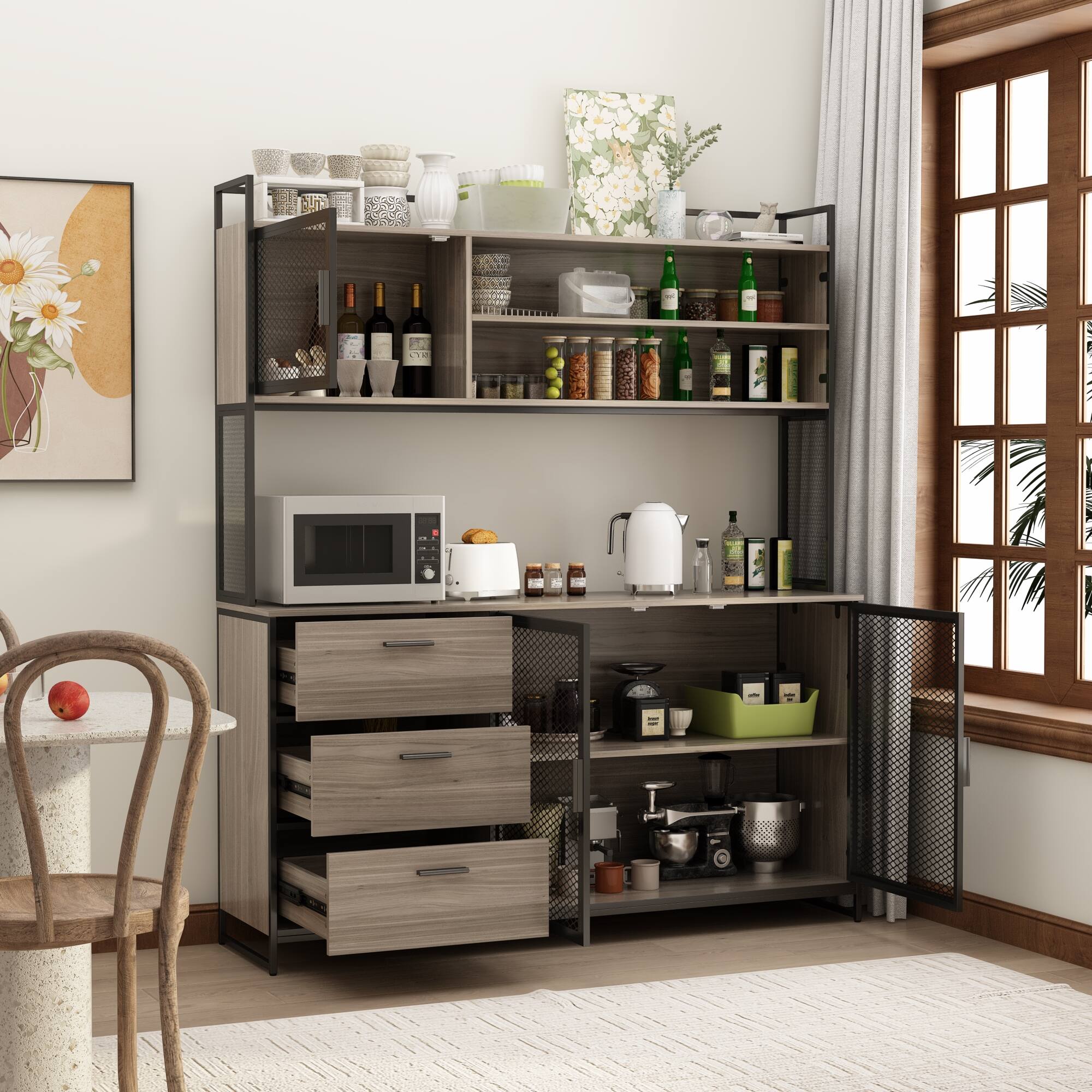 Back. FUFU & GAGA - FUFU&GAGA Industrial - Style Storage Hutch: Quiet & Organized Living Pantry Cabinet - Gray.