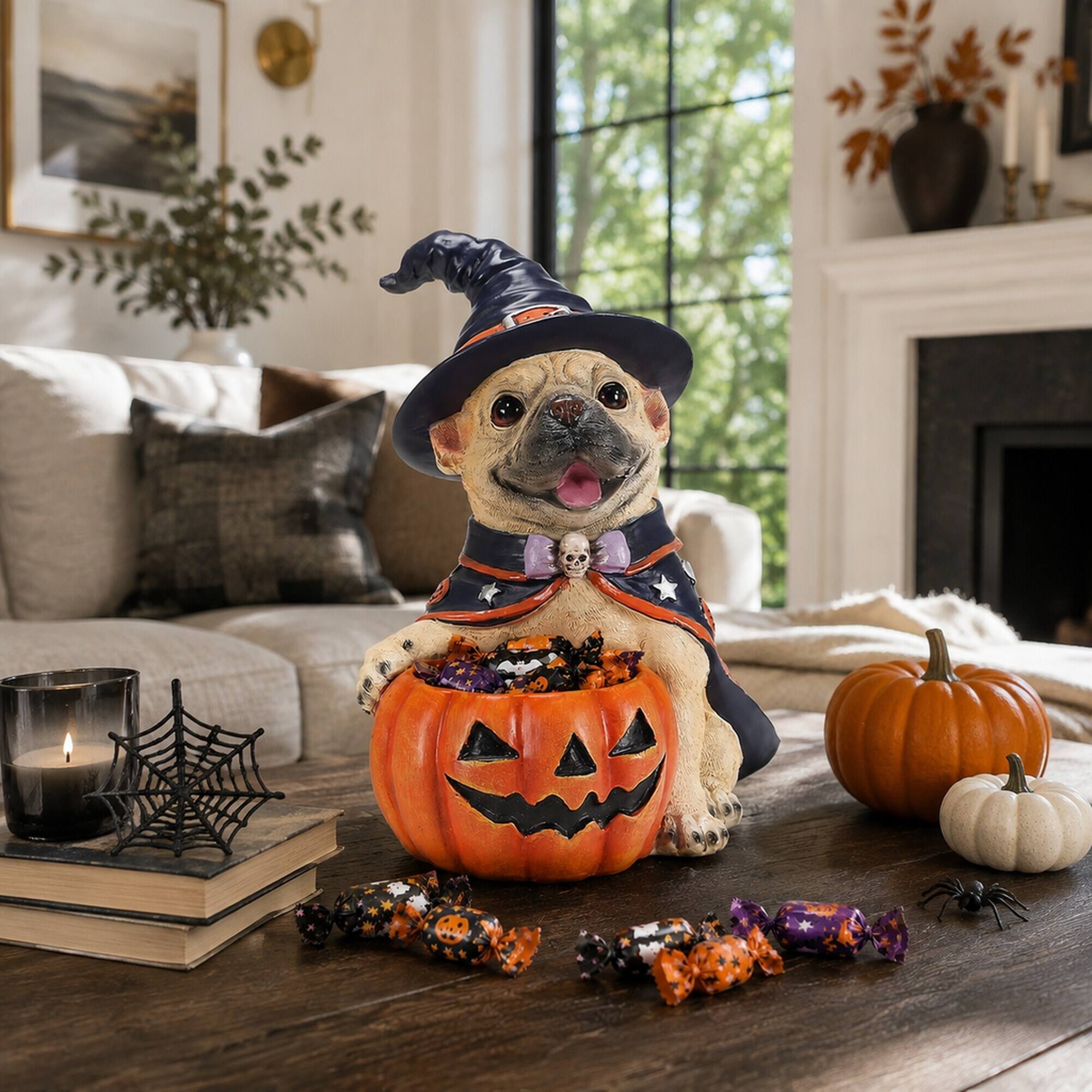 Back. RYHNUYNE - Halloween French Bulldog Witch Figurine with Pumpkin Candy Bowl Decoration, Cute Puppy Resin Statue for Tabletop - Beige.
