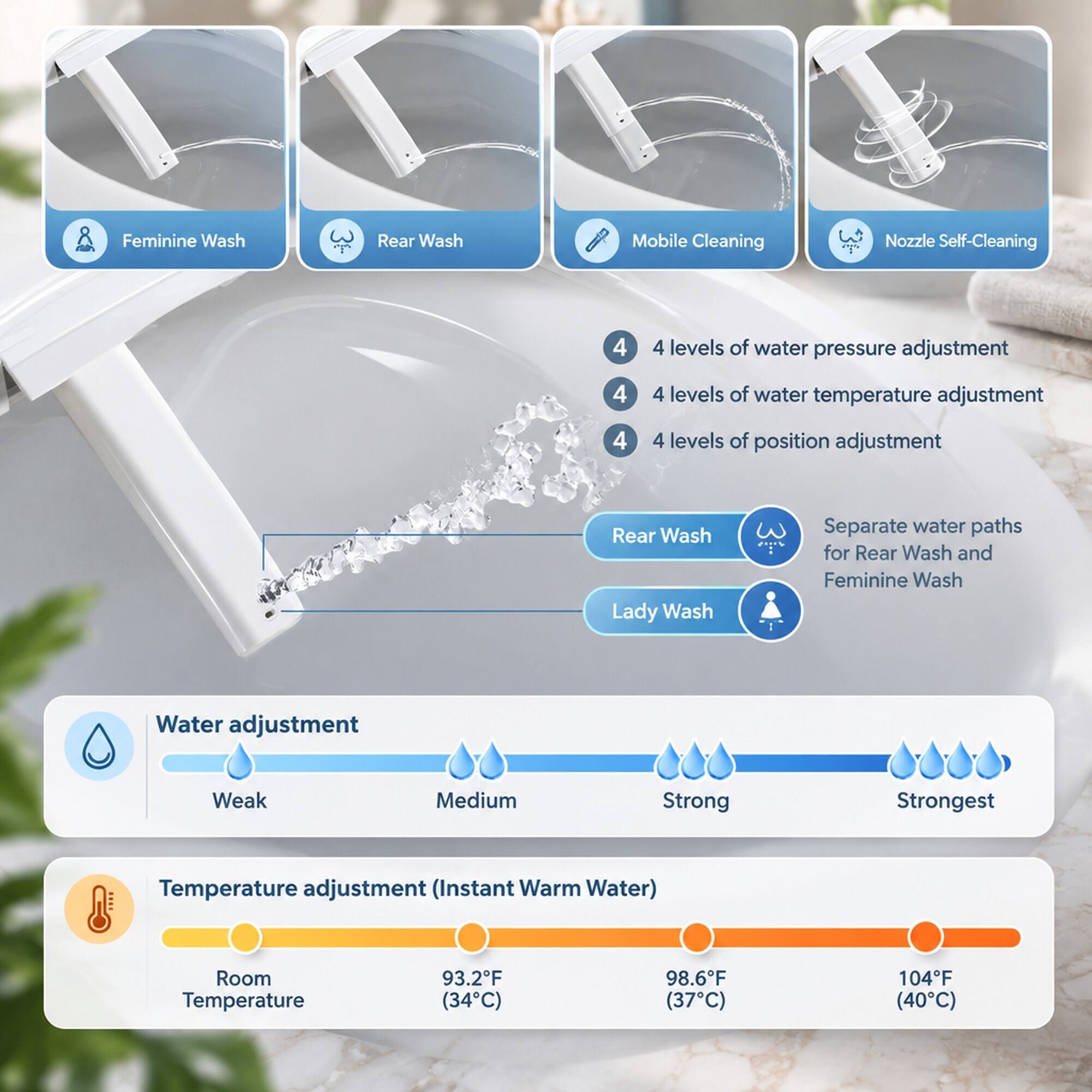Feminine Wash

Rear Wash
Mobile Cleaning
Nozzle Self-Cleaning

4 levels of water pressure adjustment
4 levels of water temperature adjustment
4 levels of position adjustment

Rear Wash Lady Wash
Separate water paths for Rear Wash and Feminine Wash

Water adjustment
Weak
Medium
Strong
Strongest

Temperature adjustment (Instant Warm Water)
Room Temperature
93.2°F (34°C)
98.6°F (37°C)
104°F (40°C)