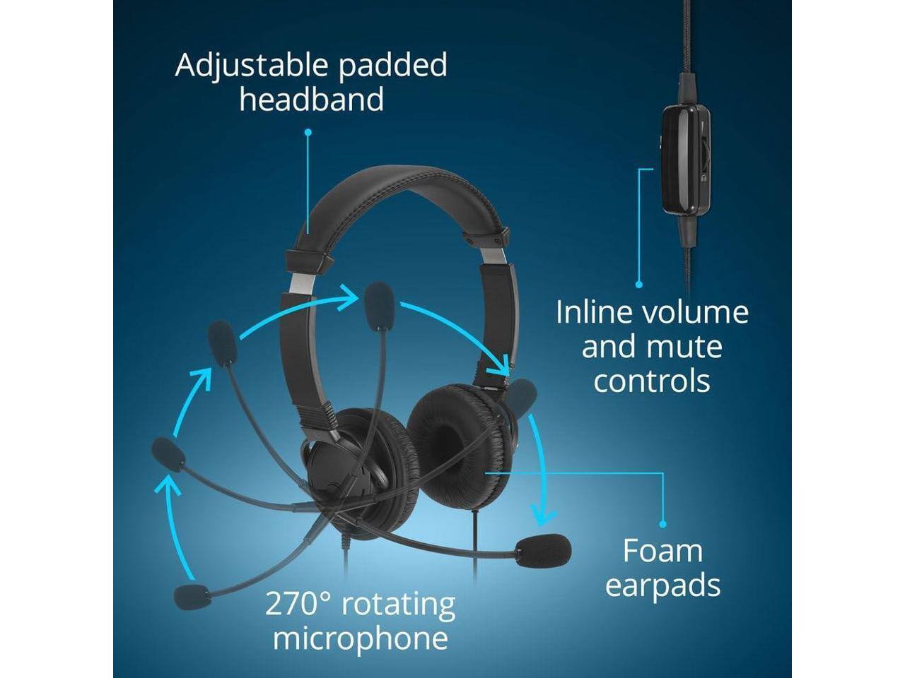 Adjustable padded headband  
Inline volume and mute controls  
270° rotating microphone  
Foam earpads