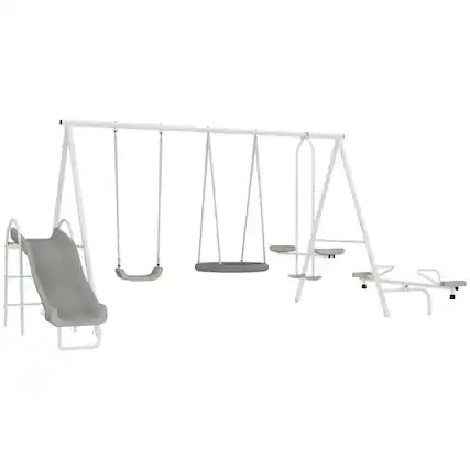 Front. Outsunny - in 1 Kids Swing Set for Backyard with Heavy-Duty A-Frame Stand, Saucer Swing, Slide, Seesaw, Glider - Gray.