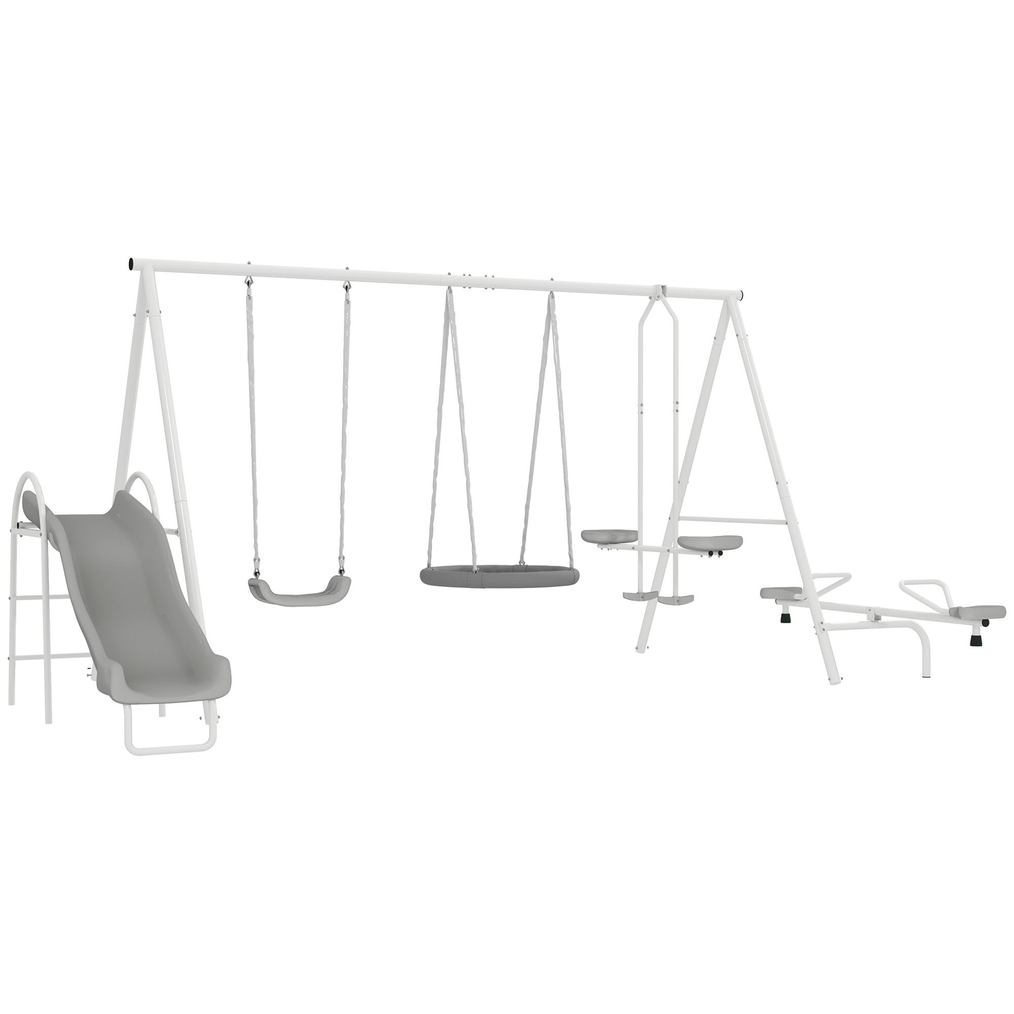 Front. Outsunny - in 1 Kids Swing Set for Backyard with Heavy-Duty A-Frame Stand, Saucer Swing, Slide, Seesaw, Glider - Gray.