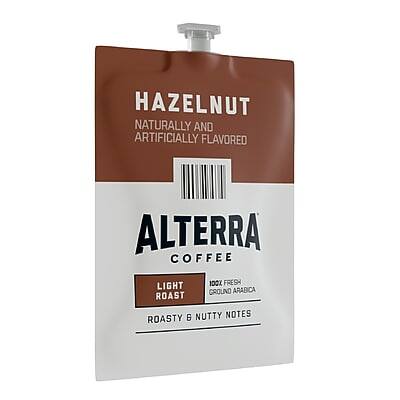 HAZELNUT  
NATURALLY AND ARTIFICIALLY FLAVORED  

ALTERRA COFFEE  

LIGHT ROAST  
100% FRESH  
GROUND ARABICA  

ROASTY & NUTTY NOTES