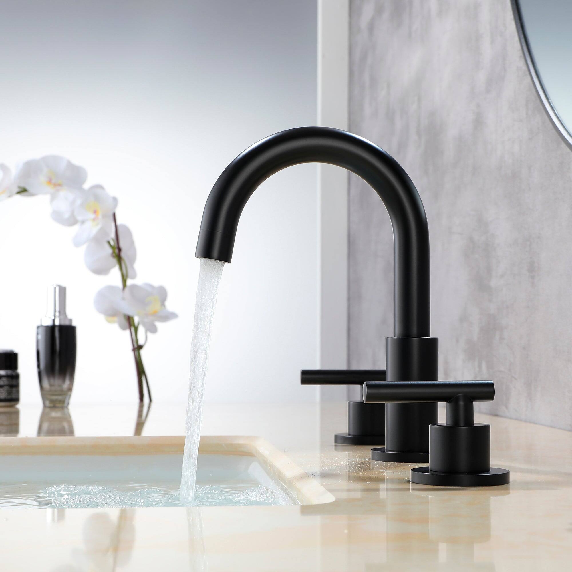Angle. Boyel Living - 8 in. Widespread 2-Handle Mid-Arc Bathroom Faucet with Valve and cUPC Water Supply Lines - Matte Black.