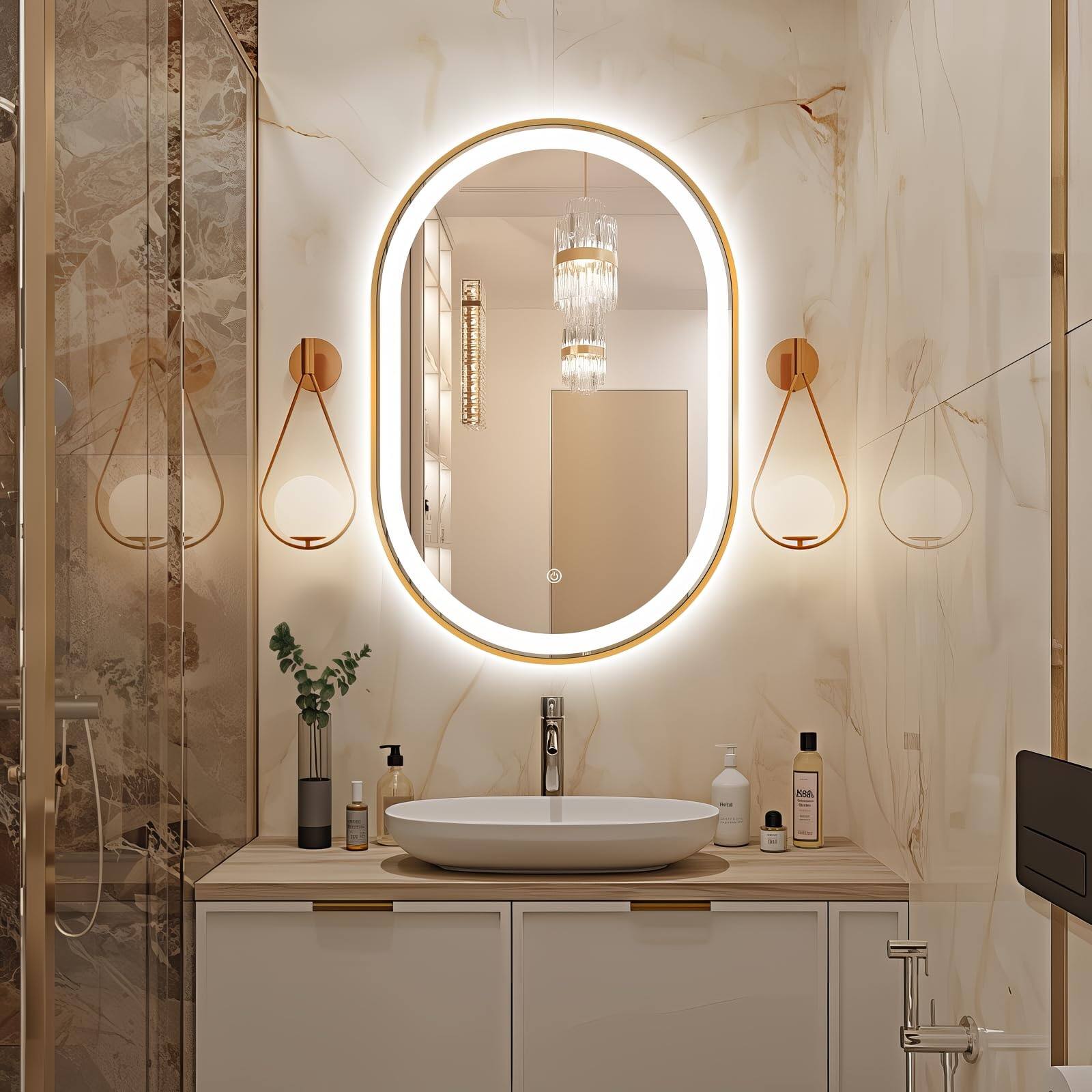 Front. METALTON - Oval Led Bathroom Mirror Lighted Vanity With Frame Anti Fog Smart Colors Dimmable For Makeup Frontlit Water - Gold 36"L x 24"W.