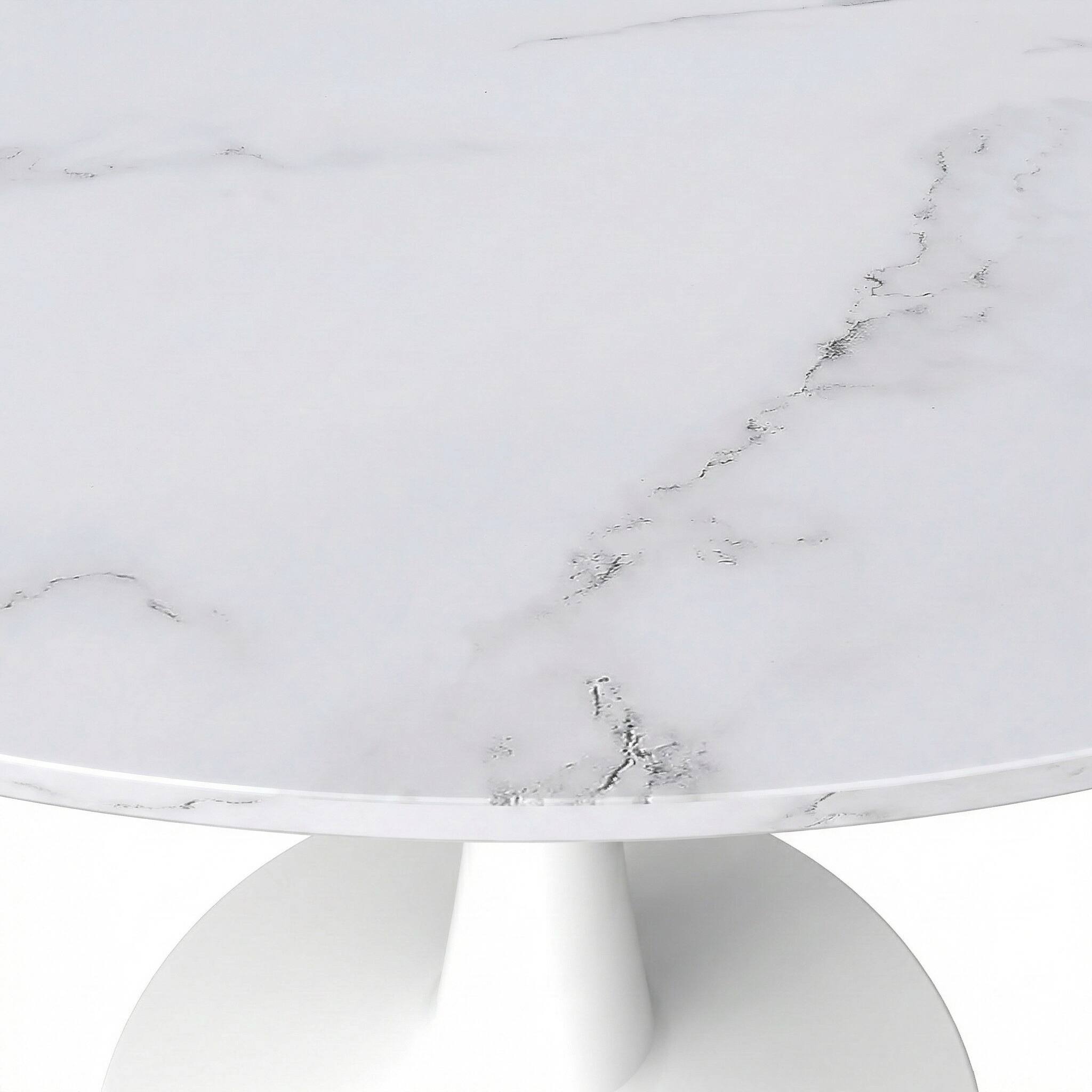 Alt View 4. LeisureMod - Bristol Round Dining Table, Modern MDF/Sintered Stone Top & Scratch-Resistant Steel Base Kitchen Table - MDF - Marbled White.