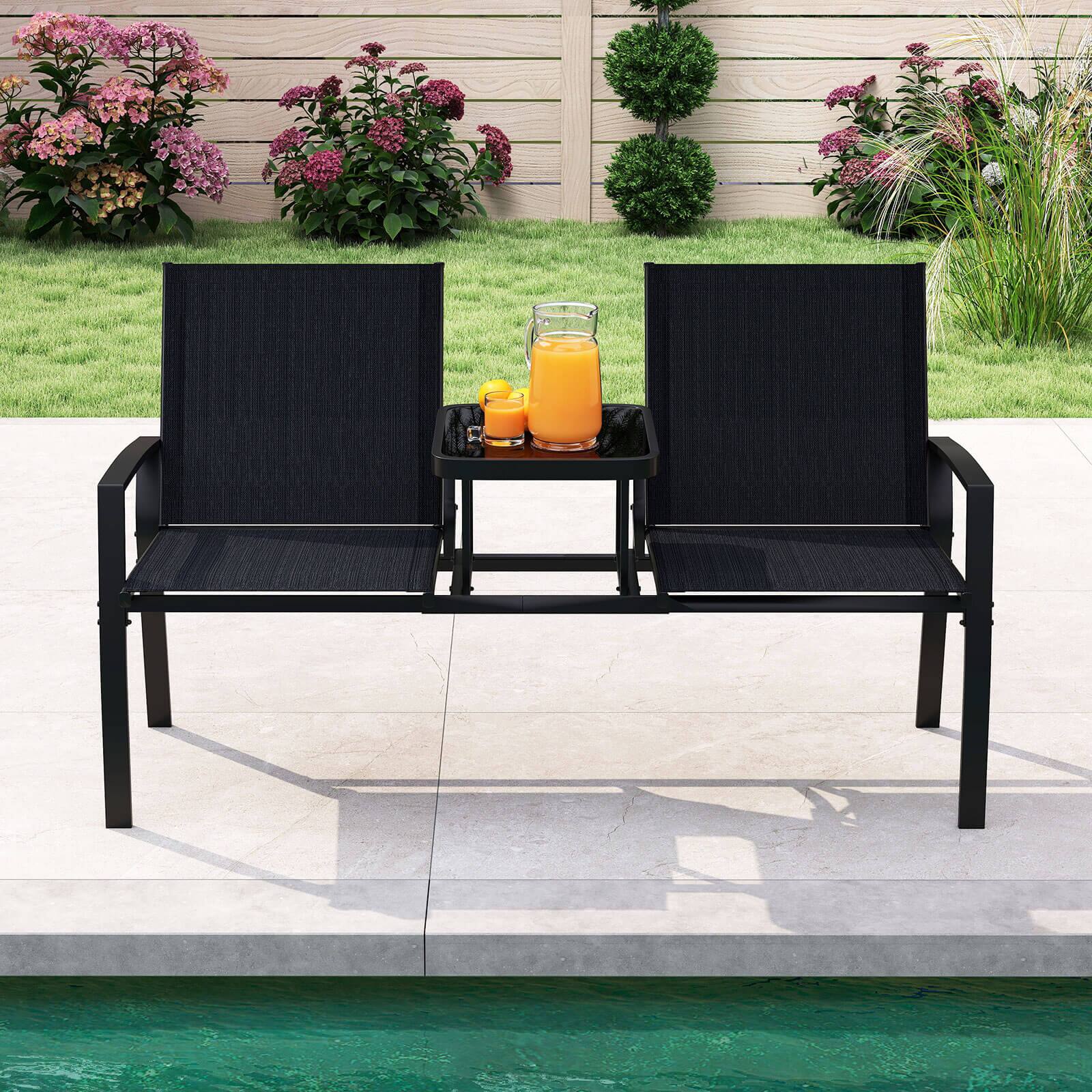 Alt View 1. Costway - Costway Patio Loveseat with Built-in Table, Breathable Fabric Back and Seat, Metal Frame - Black.