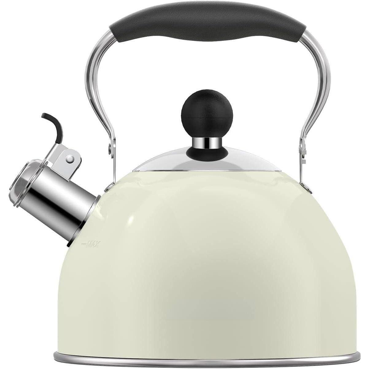 Dapper Styles - Tea Kettle 2 Quart Stainless Steel Whistling Stovetop Teakettle Pots For Stove Top With Folding Handle Teap - White