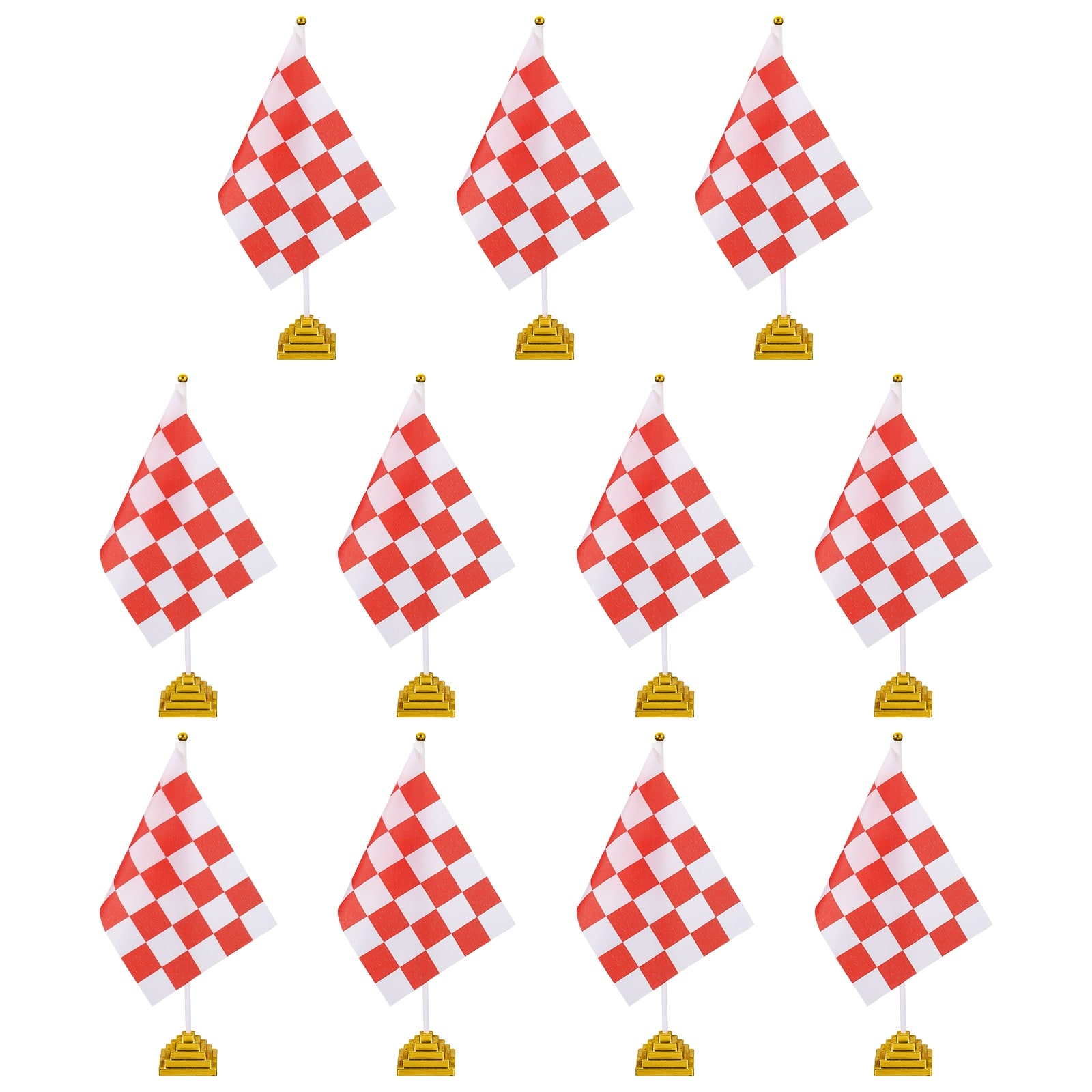 Unique Bargains - 12pcs 12" R/W Checkered Table Flag for Racing/Sport Party, White Plastic Stick & Gold Square Base - Red and White Flag, Gold Base