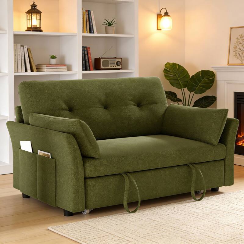 Angle. Vipbear - Convertible Sleeper Chair,3-in-1Sofa Bed with Reclining Backrest,Single Sleeper Couch with Pull-Out Bed Linen Futon Sofa - Green.