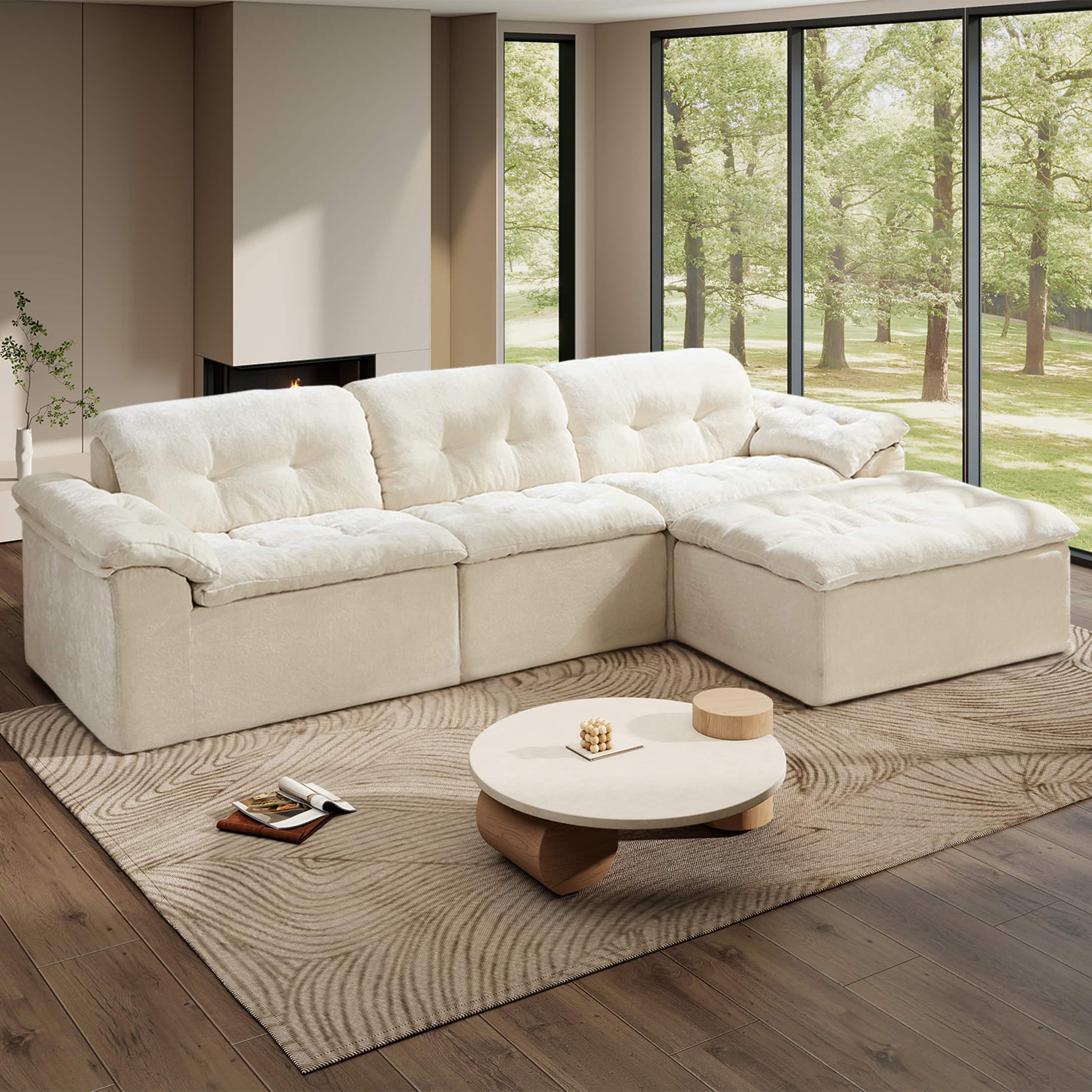 Anysun - L-Shaped Modular Chenille Cushioned Extreme Comfort Sofa with Detachable Backrest and Armrests, Removable Ottoman - Beige