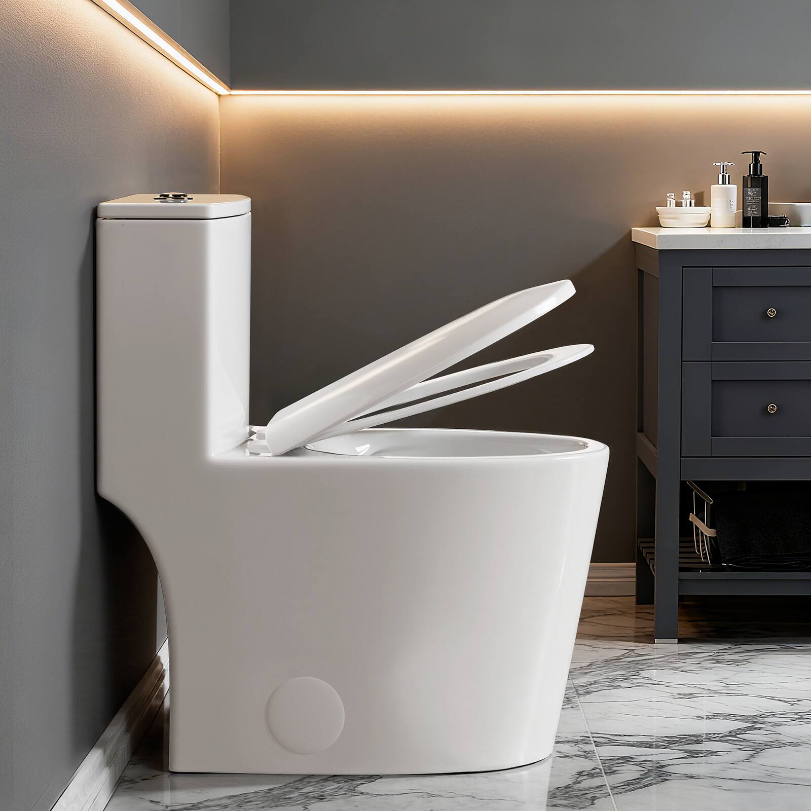 Angle. Koligey - ADA 17'' Comfort-Height One Piece Toilet, 1.14/1.58 GPF Dual Flush Siphon, Soft-Close Seat - White.