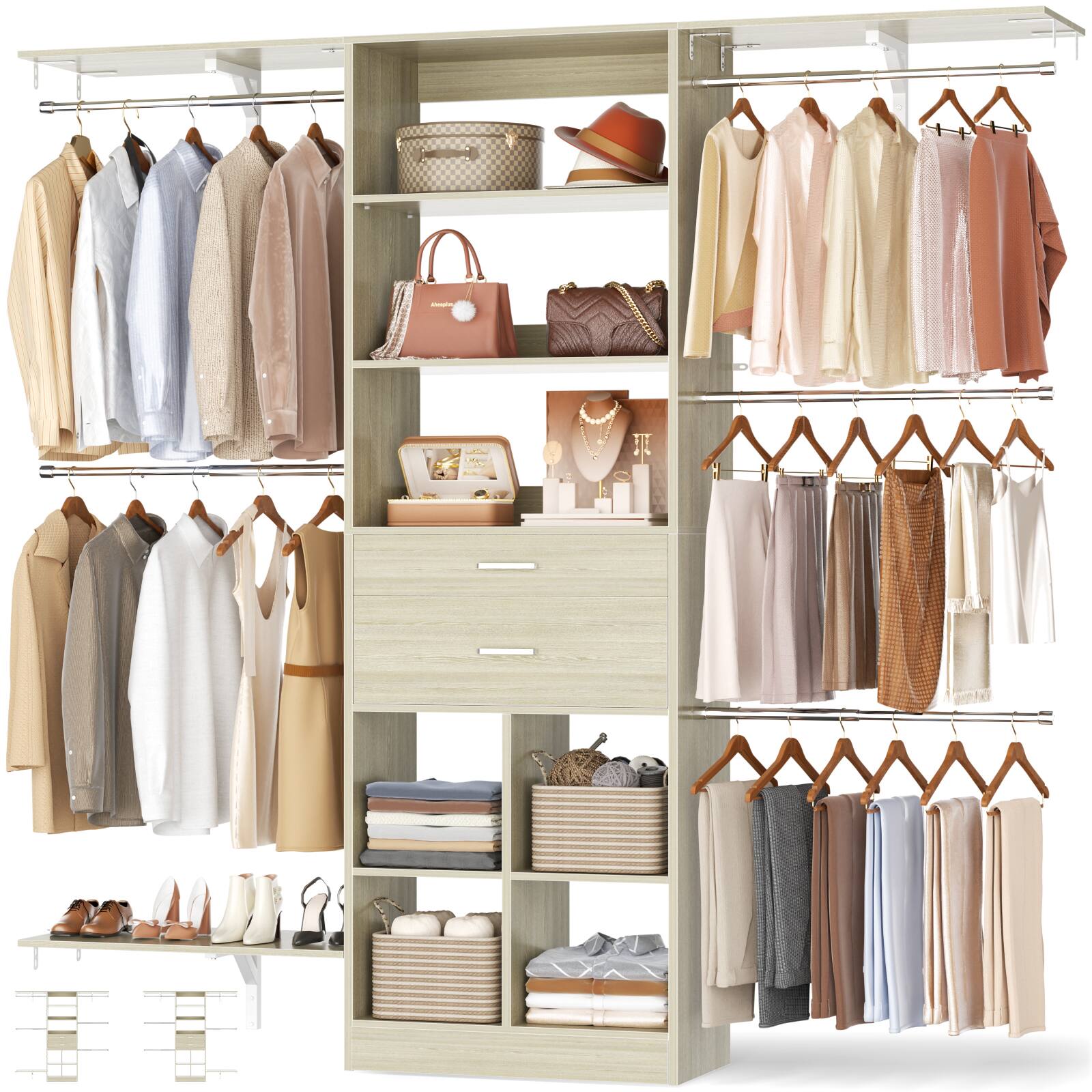 Alt View 3. Aheaplus - 5FT Wall Mounted Closet Organizer System with 2 Drawers, 3 Shelf Towers, and 5 Hanging Rods, Adjustable - Beige Oak.