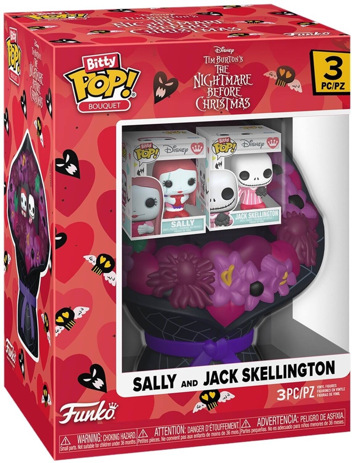 Disney Tim Burton's The Nightmare Before Christmas Bitty Pop! Bouquet  
Sally and Jack Skellington  
3 PC/PZ  
Funko  

WARNING: CHOKING HAZARD - Small parts. Not suitable for children under 36 months.  
ADVERTENCIA: PELIGRO DE ASFIXIA, partes pequeñas. No es adecuado para niños menores de 36 meses.  
ATTENTION: DANGER D'ÉTOUFFEMENT, petites pièces. Ne convient pas aux enfants de moins de 36 mois.