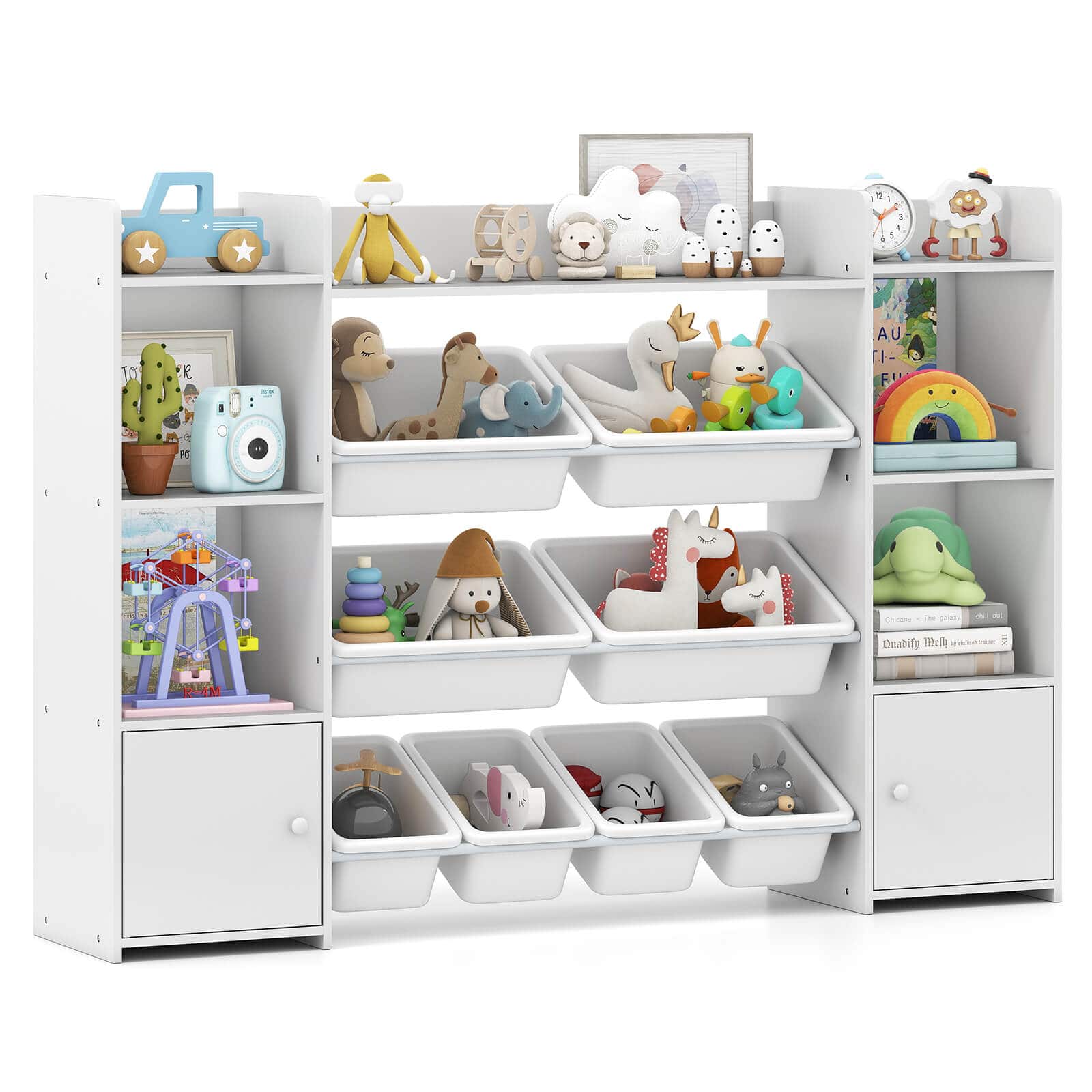 Costway - 4-Tier Large Storage Cabinet with 6 Cubbies & 8 Removable Bins Bookshelf - White